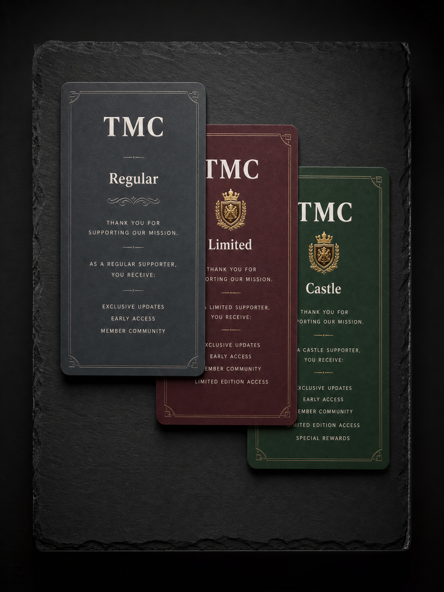 TMC notecards — 16pt silk, 3 Pantone floods, Gold hot foil (two tiers)