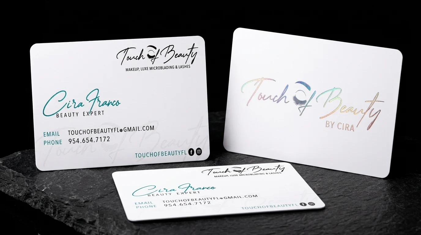 Business-cards for Touch of Beauty by Cira with holographic and teal foil stamping, white stock and rounded corners.