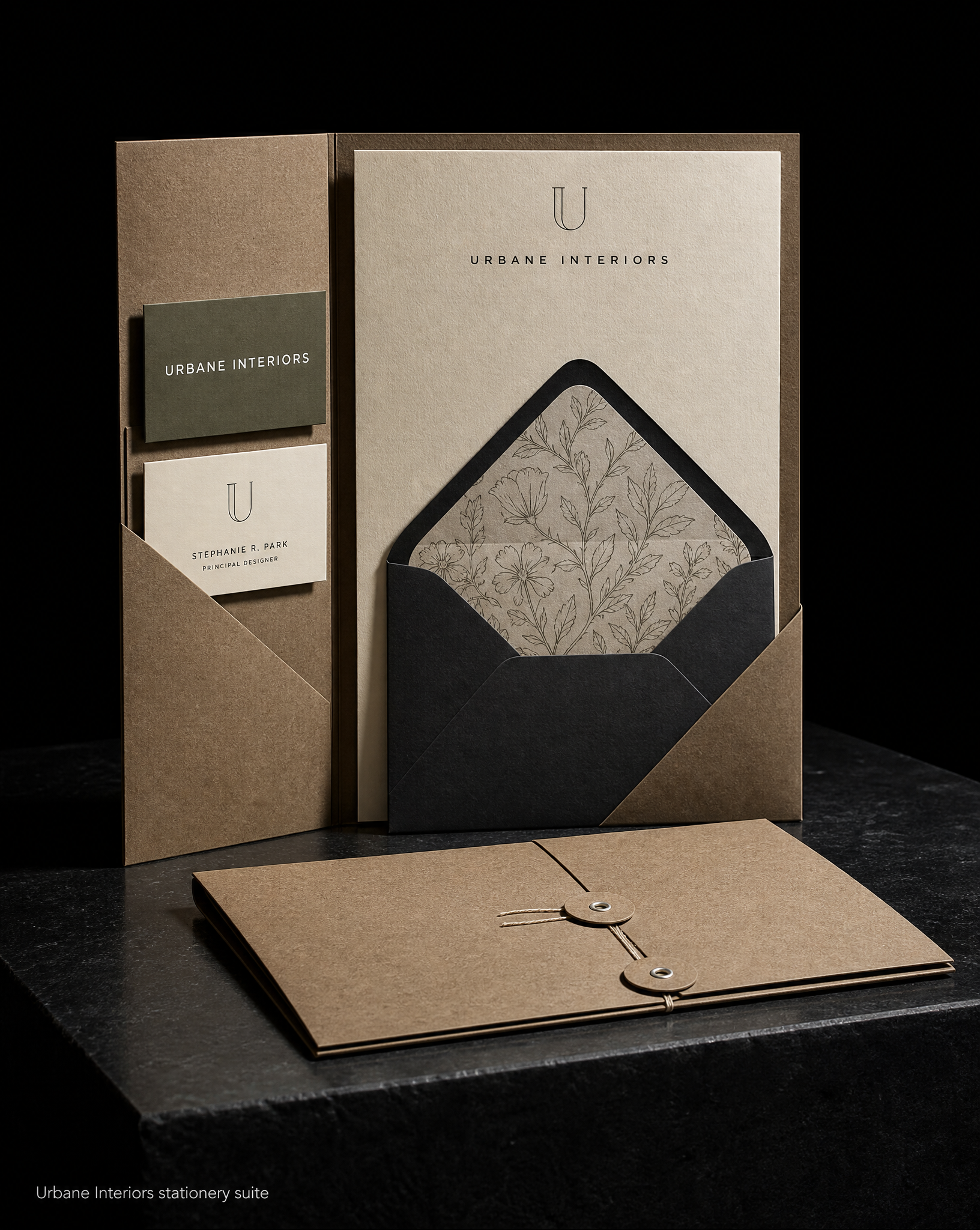 Letterhead for Urbane Interiors with business card, olive-grey cotton, white foil stamping, 9 × 12 folder, kraft, business card, cream cotton, black letterpress, letterhead + notecard, cream cotton and a7 envelope, charcoal, printed liner.