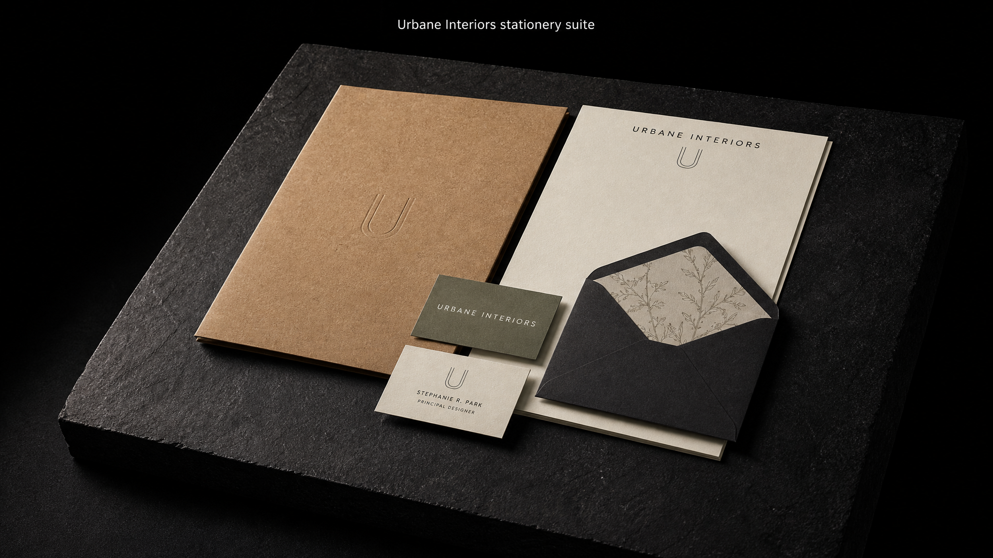 The finished Urbane Interiors letterhead shown in full — 9 × 12 folder, kraft, Business card, olive-grey cotton, white foil, Business card, cream cotton, black letterpress, Letterhead + notecard, cream cotton, A7 envelope, charcoal, printed liner.