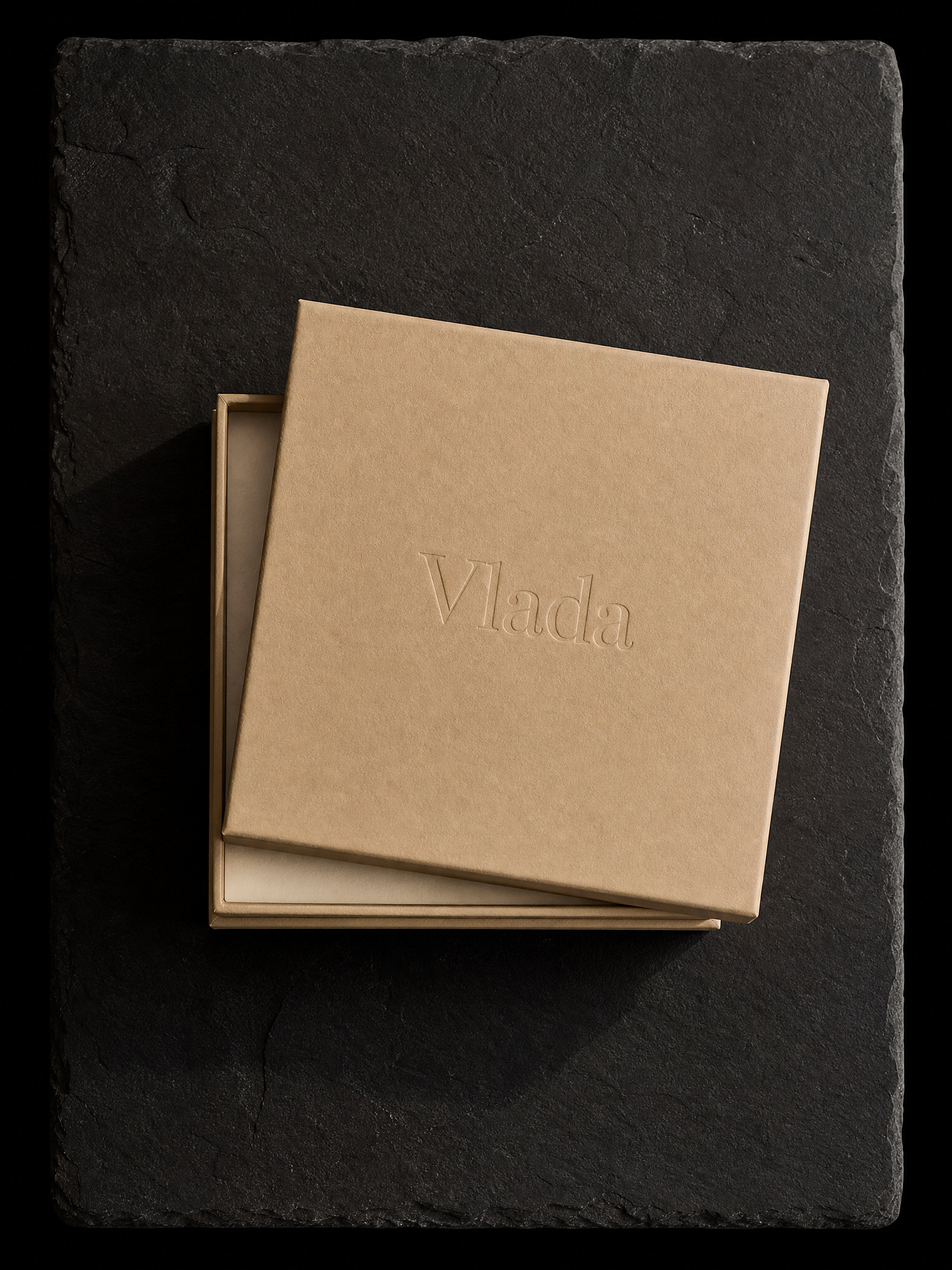 Vlada boxes — Rigid 6×6×2 in, Sand uncoated wrap, Blind emboss