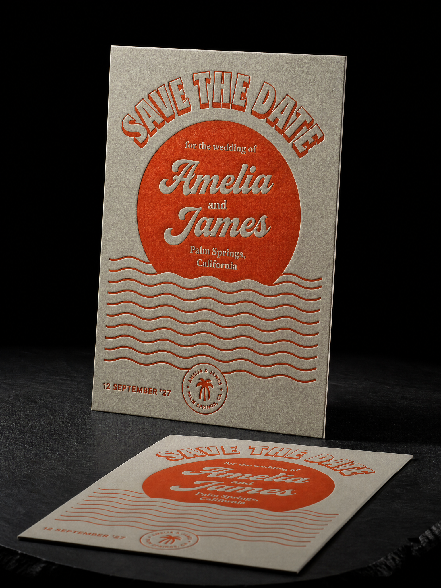 Grey-green orange sunset wedding — custom save the dates by Print Peppermint, specialty print with premium finishes