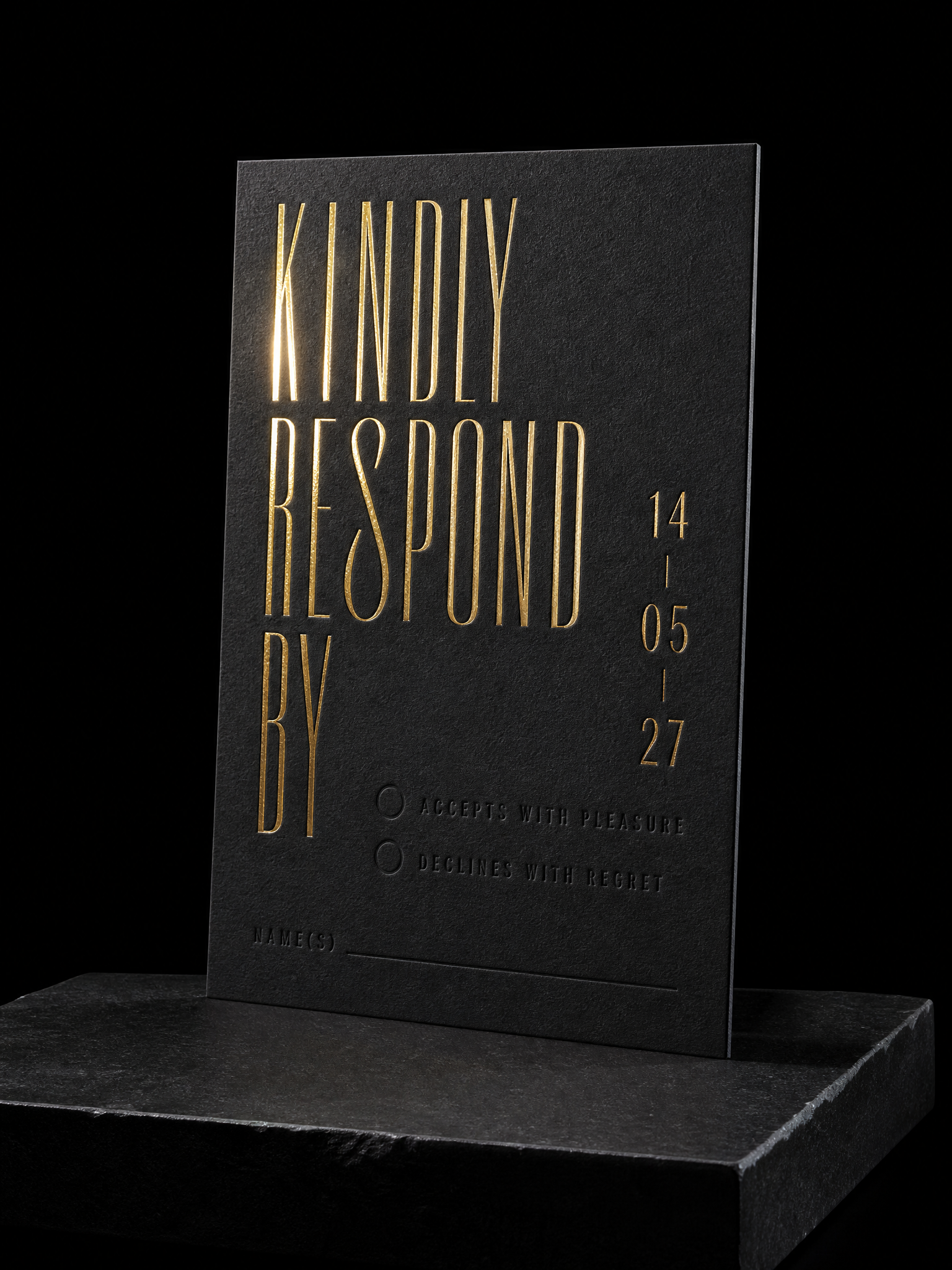 Black gold deco RSVP wedding — custom wedding invitations by Print Peppermint, specialty print with premium finishes