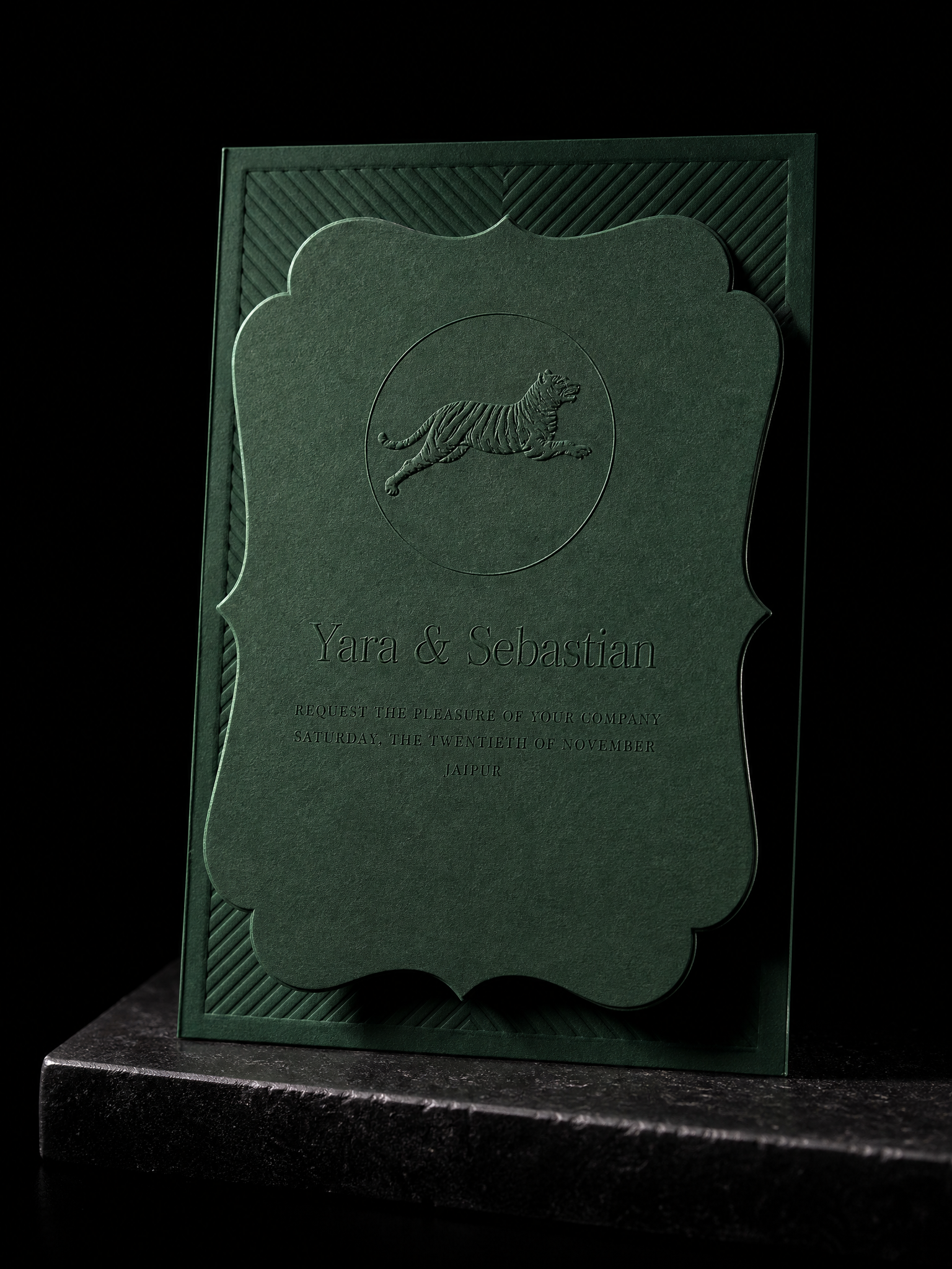 Green cartouche tiger wedding — custom wedding invitations by Print Peppermint, specialty print with premium finishes