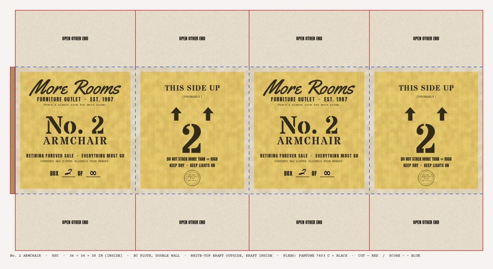 Flat dieline of box No. 2 with printed panels, red cut lines and blue score lines