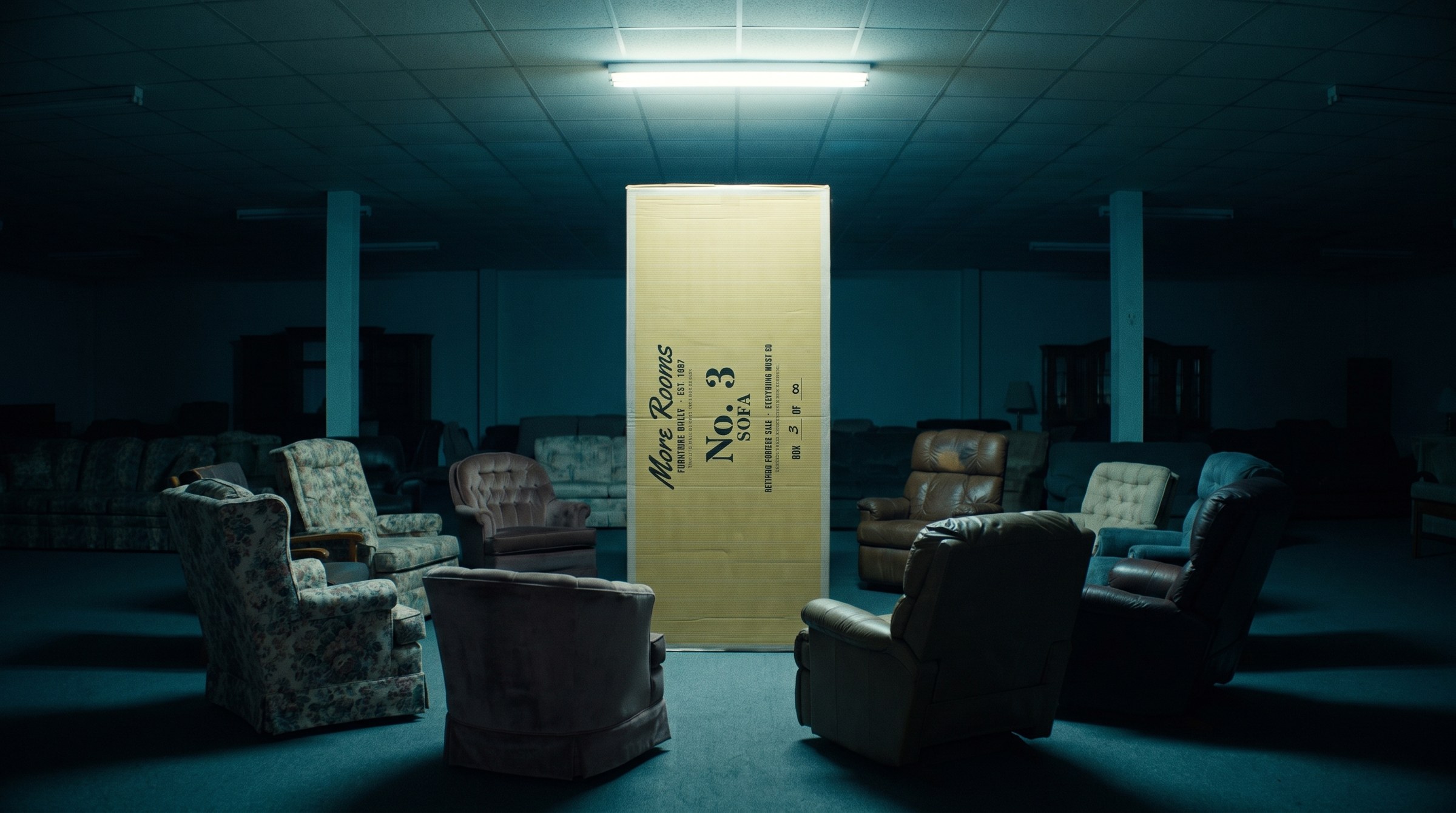 Boxes for More Rooms Furniture Outlet with series of 4 shipping boxes, no. 1 nightstand: 24 × 18 × 26 in, rsc, single-wall c flute, 44 ect, no. 2 armchair: 36 × 34 × 38 in, rsc, double-wall bc flute, 48 ect, no. 3 sofa: 84 × 38 × 36 in, full overlap , double-wall bc flute, 61 ect, no. 4 mattress : 42 × 18 × 18 in, rsc, double-wall bc flute, 48 ect, white-top liner outside, kraft inside, 2-colour water-based flexo: pantone 7403 c + black, inside print: yellow pattern on the kraft liner and custom printed kraft packing tape.