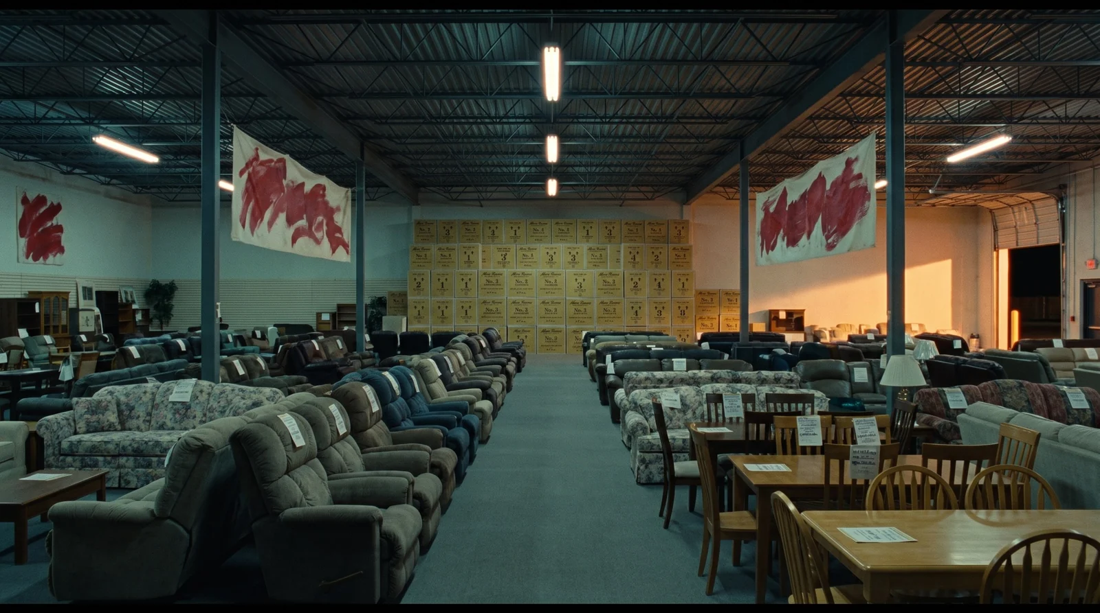 A half-lit 1990s furniture showroom after closing with a wall of yellow boxes at the back