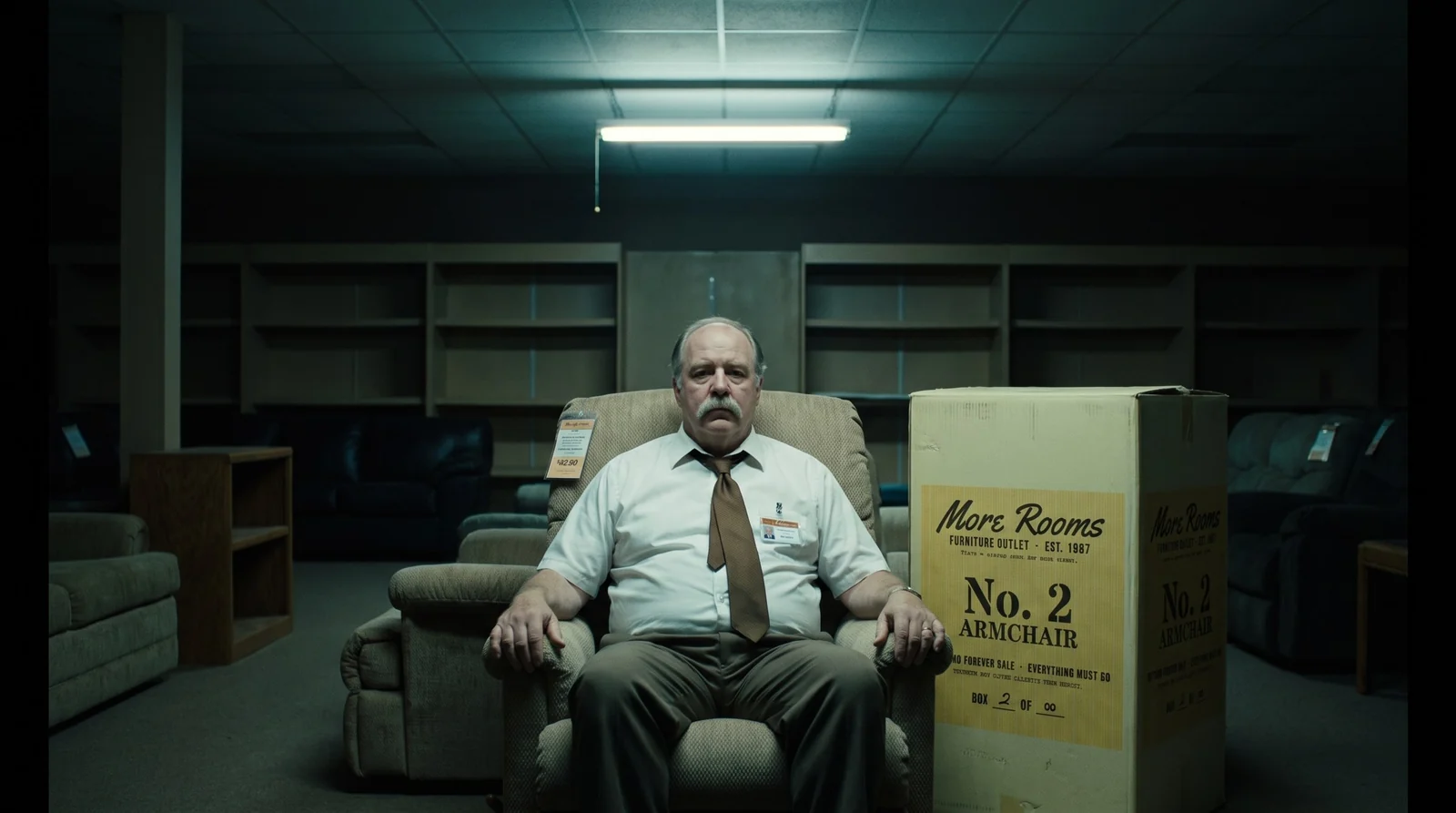 A tired store owner sitting completely still in a recliner with a price tag, a printed armchair box beside him