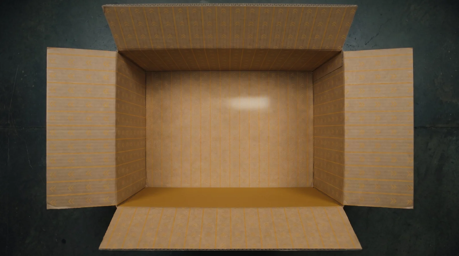Looking down into an open box whose inside is printed with a pale yellow wallpaper pattern, like a tiny empty room