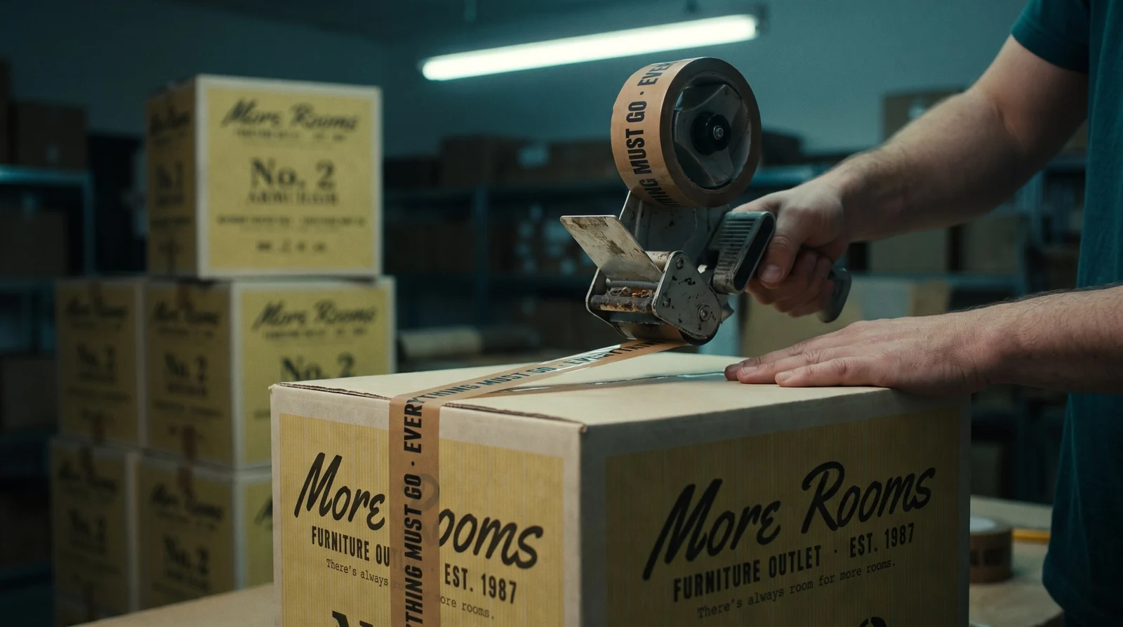 Hands sealing a printed box with kraft tape that reads EVERYTHING MUST GO