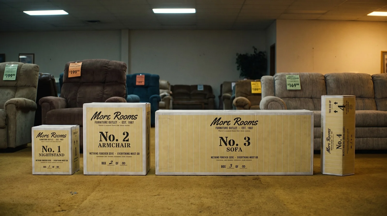 The four printed boxes lined up in a furniture showroom aisle