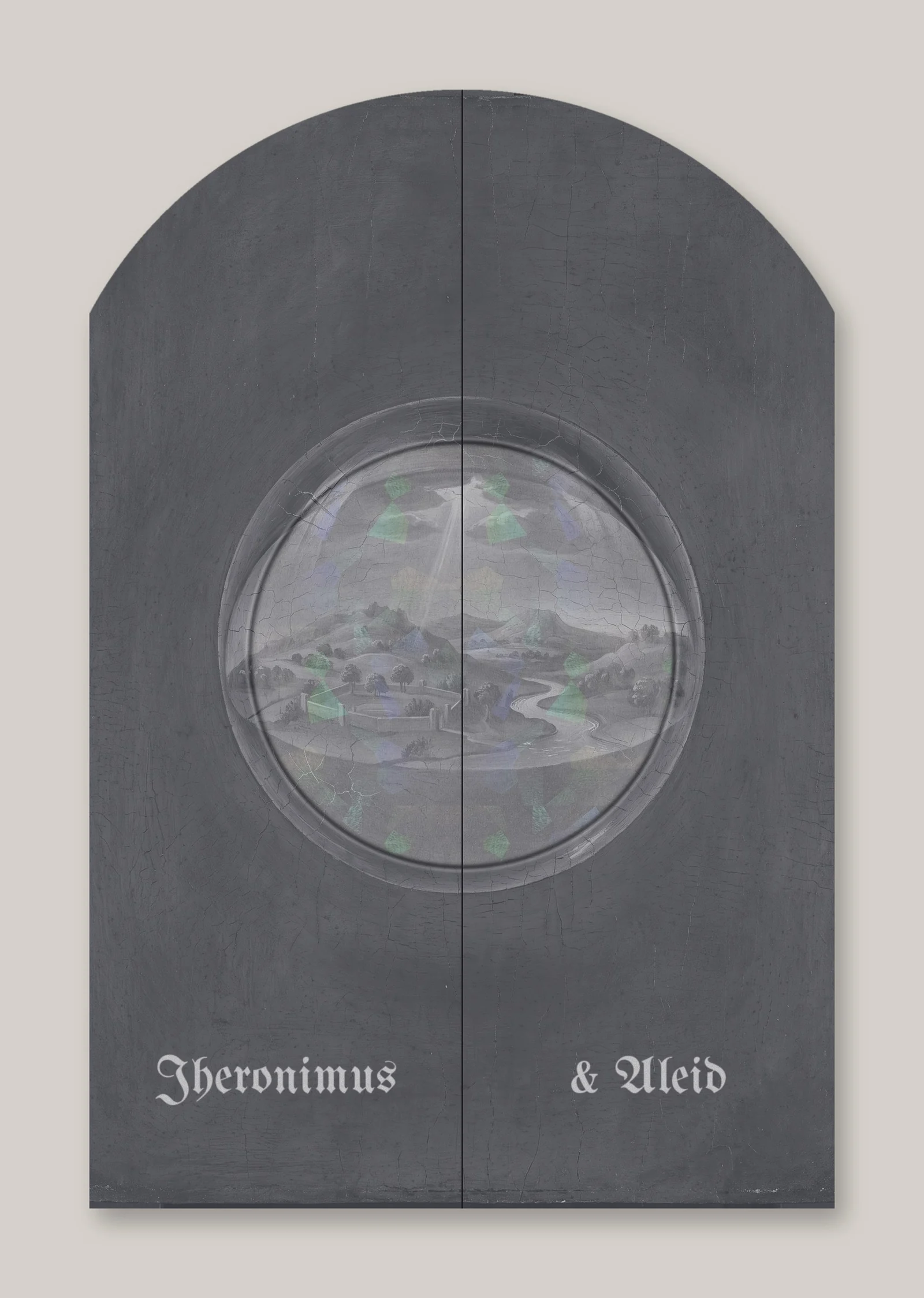 Flat artwork of the closed outside: a grey globe on slate paper with the names Jheronimus and Aleid