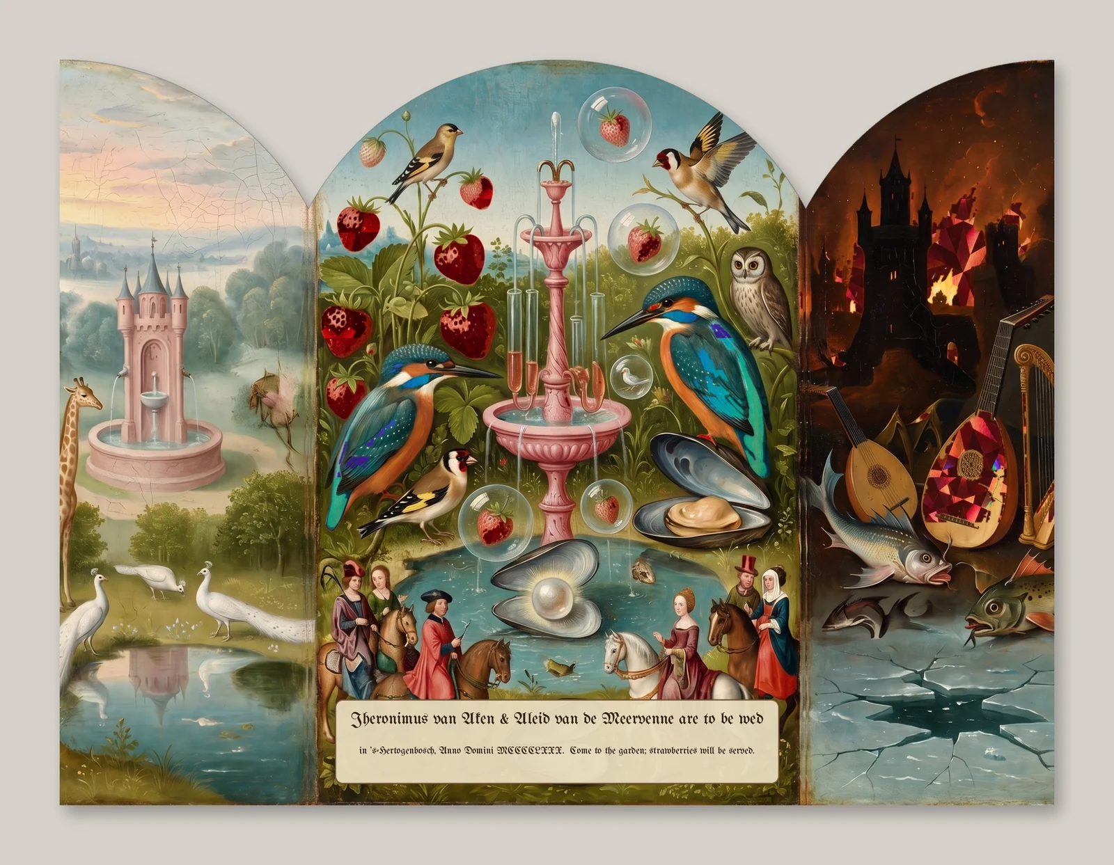 Flat artwork of the inside spread: three arched panels painted with a garden, a fountain and hell