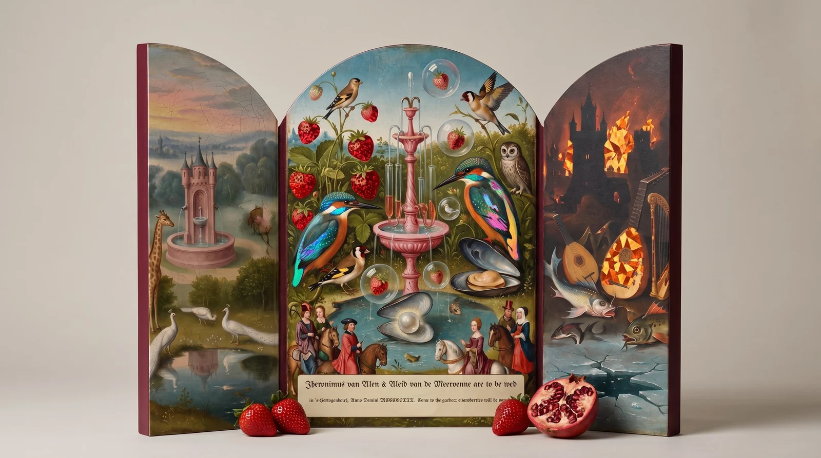 The open triptych invitation: a painted garden with holographic foil strawberries, kingfishers and hell fire