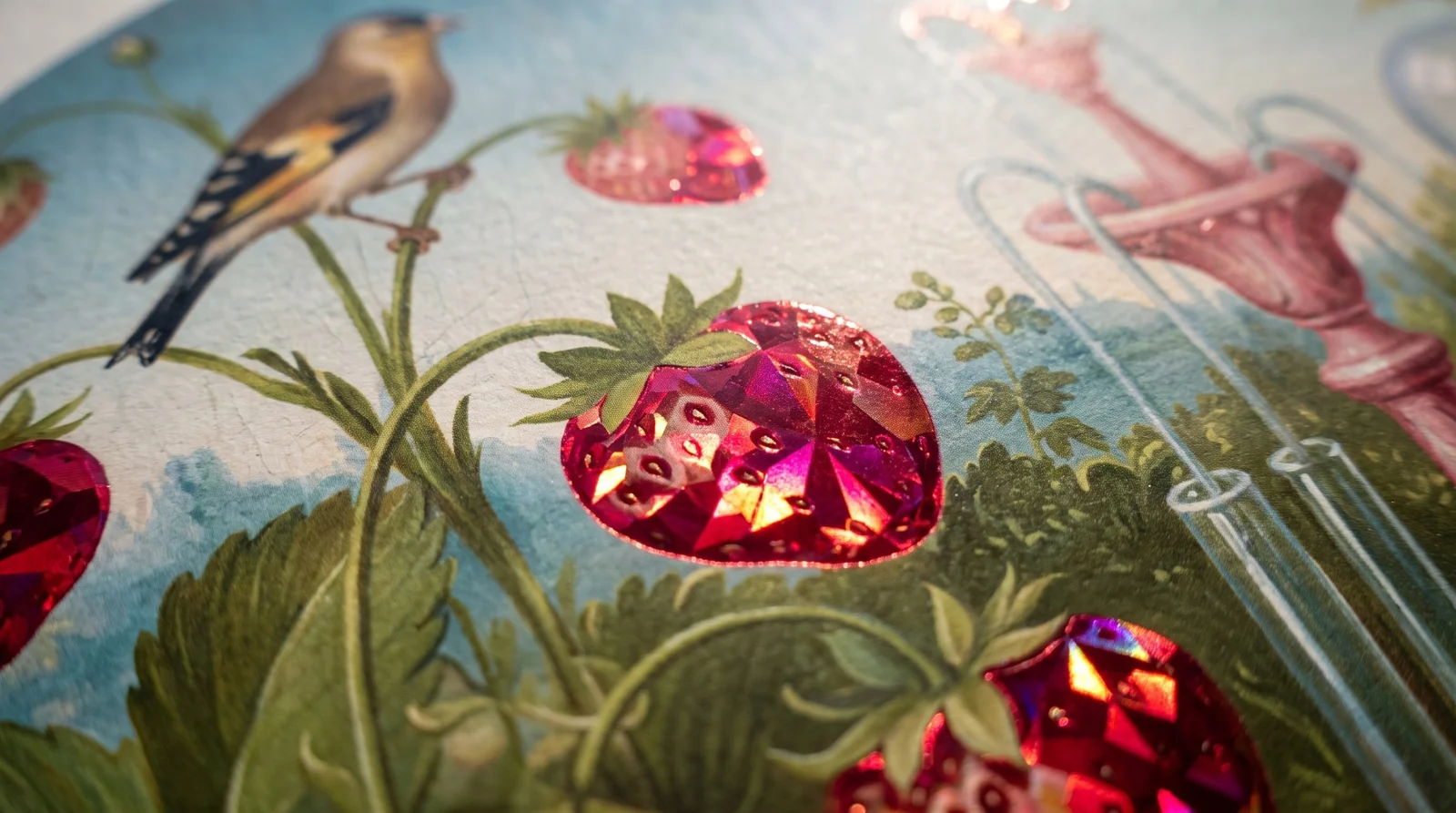 Macro of ruby gemstone holographic foil on painted strawberries
