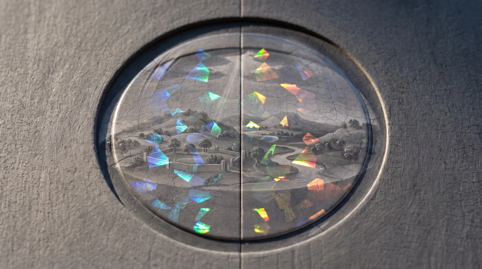 Macro of a blind-debossed globe filled with clear holographic foil on slate-grey paper