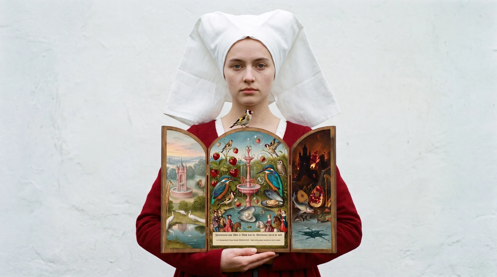 A woman in a white medieval headdress and red dress holding the open invitation