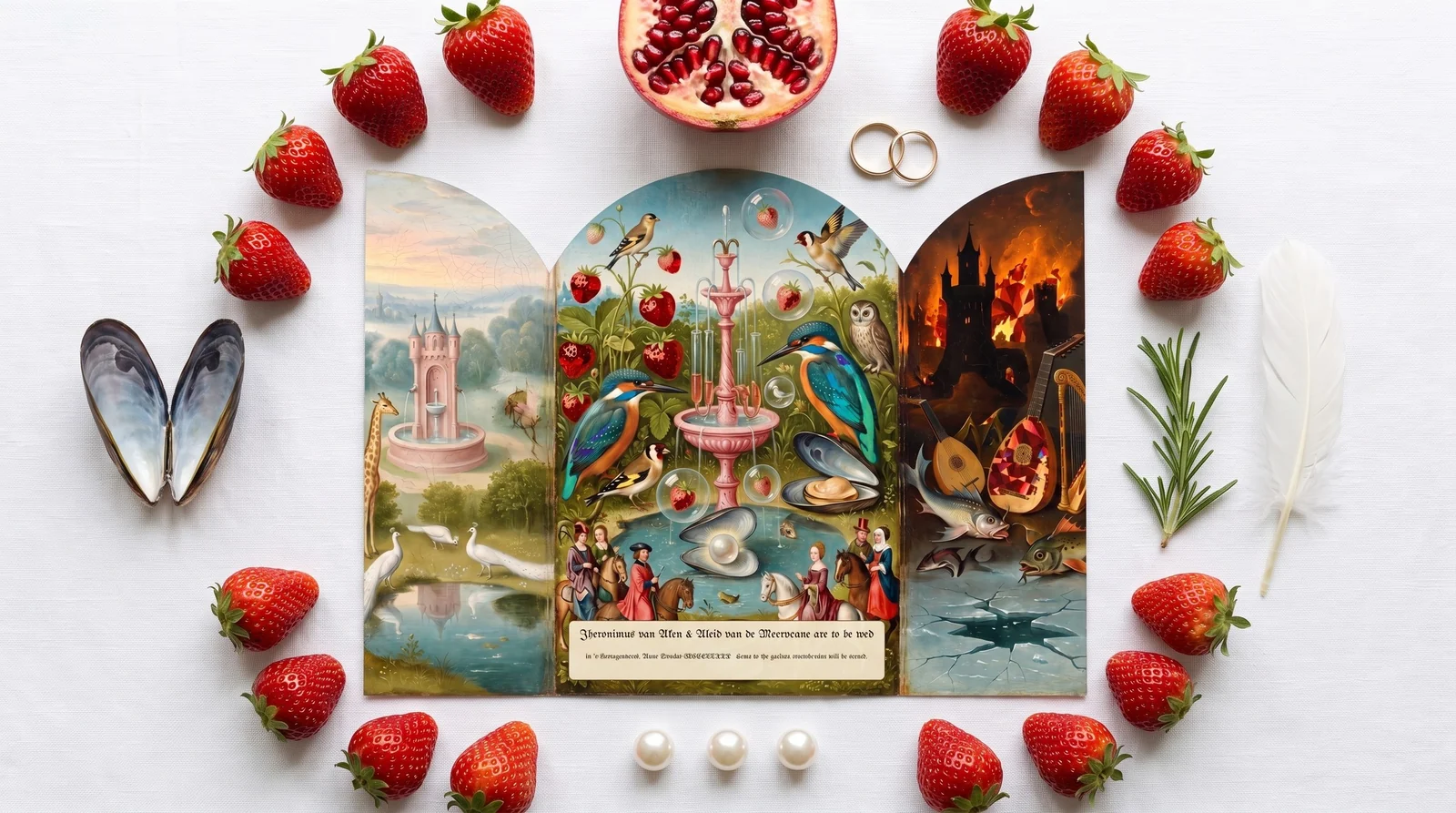 Overhead: the open invitation ringed with strawberries, wedding rings and pearls