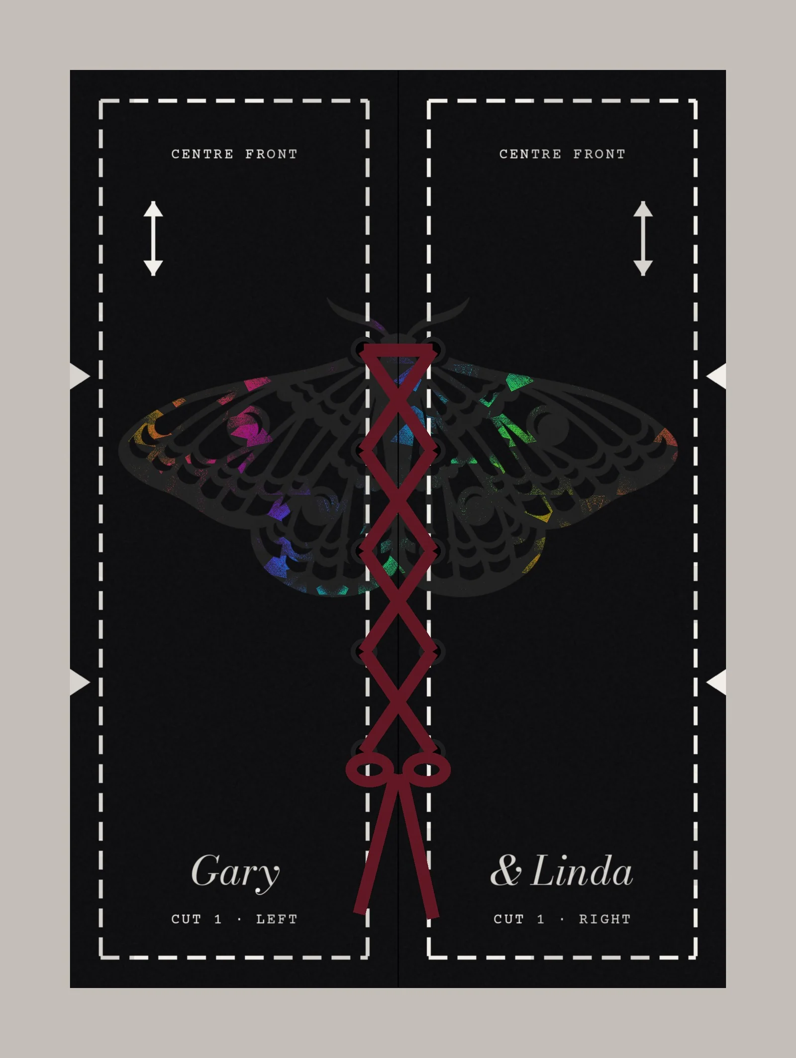 Flat artwork of the closed invitation: a black holographic moth across two doors, white foil tailoring marks, the names Gary and Linda, oxblood lacing