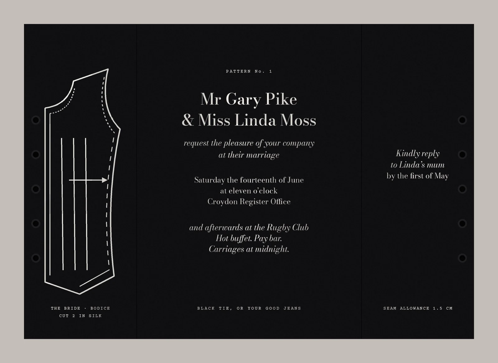 Flat artwork of the open invitation: a bodice pattern piece, the invitation in white serif type, and an RSVP door