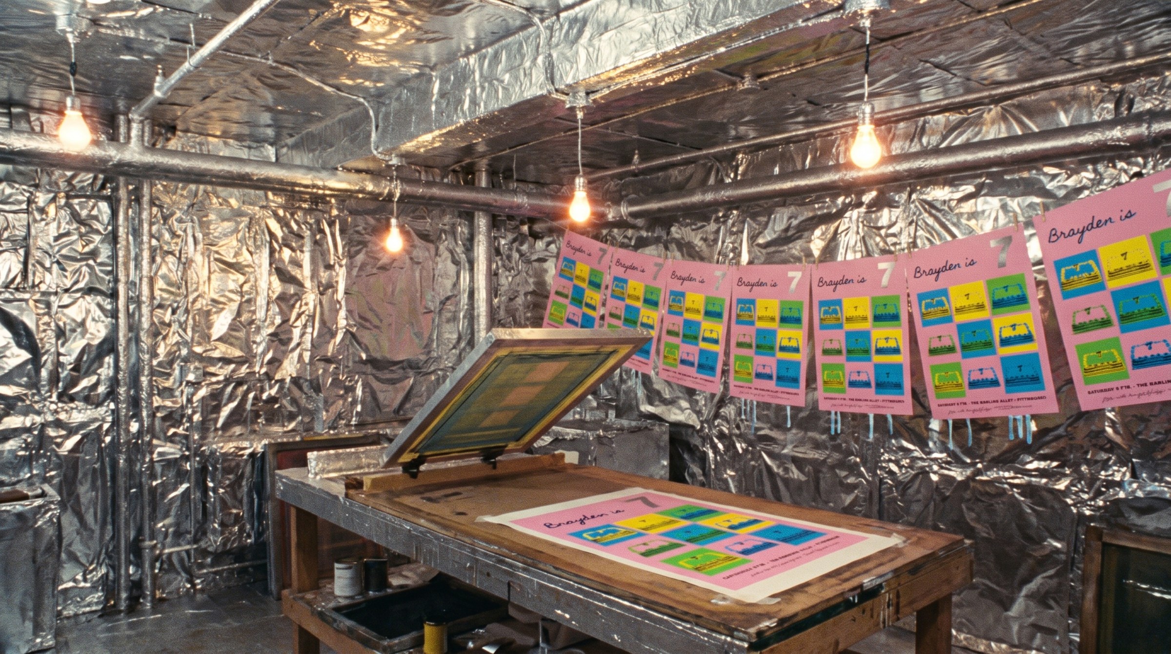 Stationery for Design exploration with 120 mirror silver 7 foil stamping, poster, 18 × 24 in, gf smith colorplan candy pink, 270 g/m², hand-pulled screen print, four spot colours, pantone 801 c, 802 c and 803 c + black, black key deliberately off-register and edition of 50.