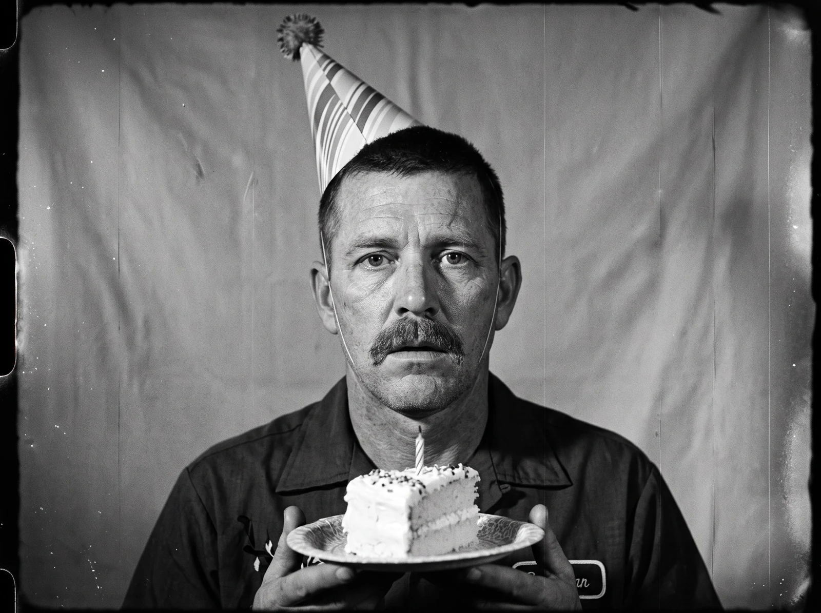 Black-and-white screen test of a dad in a party hat holding a slice of birthday cake