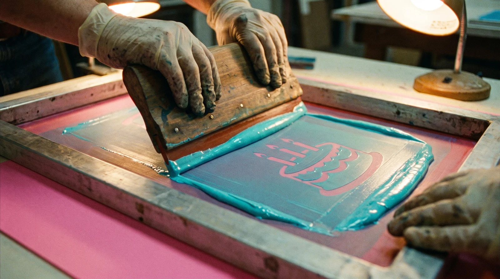 A squeegee pulling fluorescent cyan ink through a silk screen onto pink paper