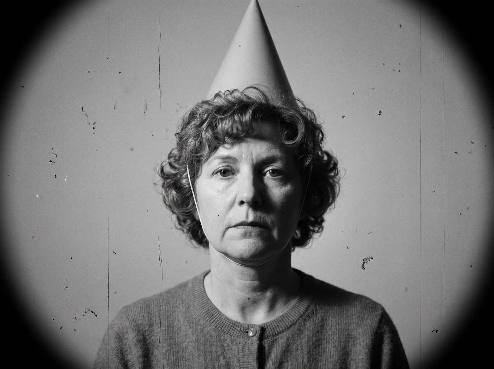 Black-and-white screen test of a mom in a paper party hat staring into the camera