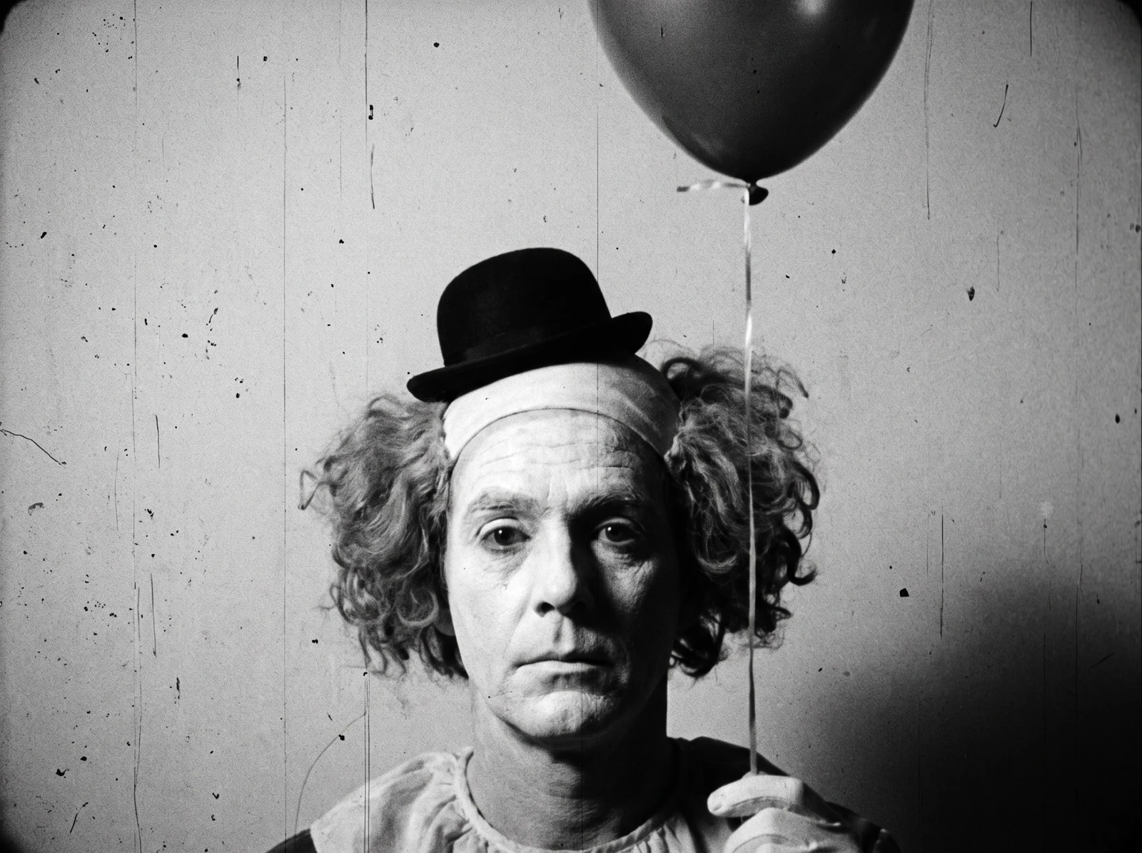 Black-and-white screen test of a party clown holding a balloon