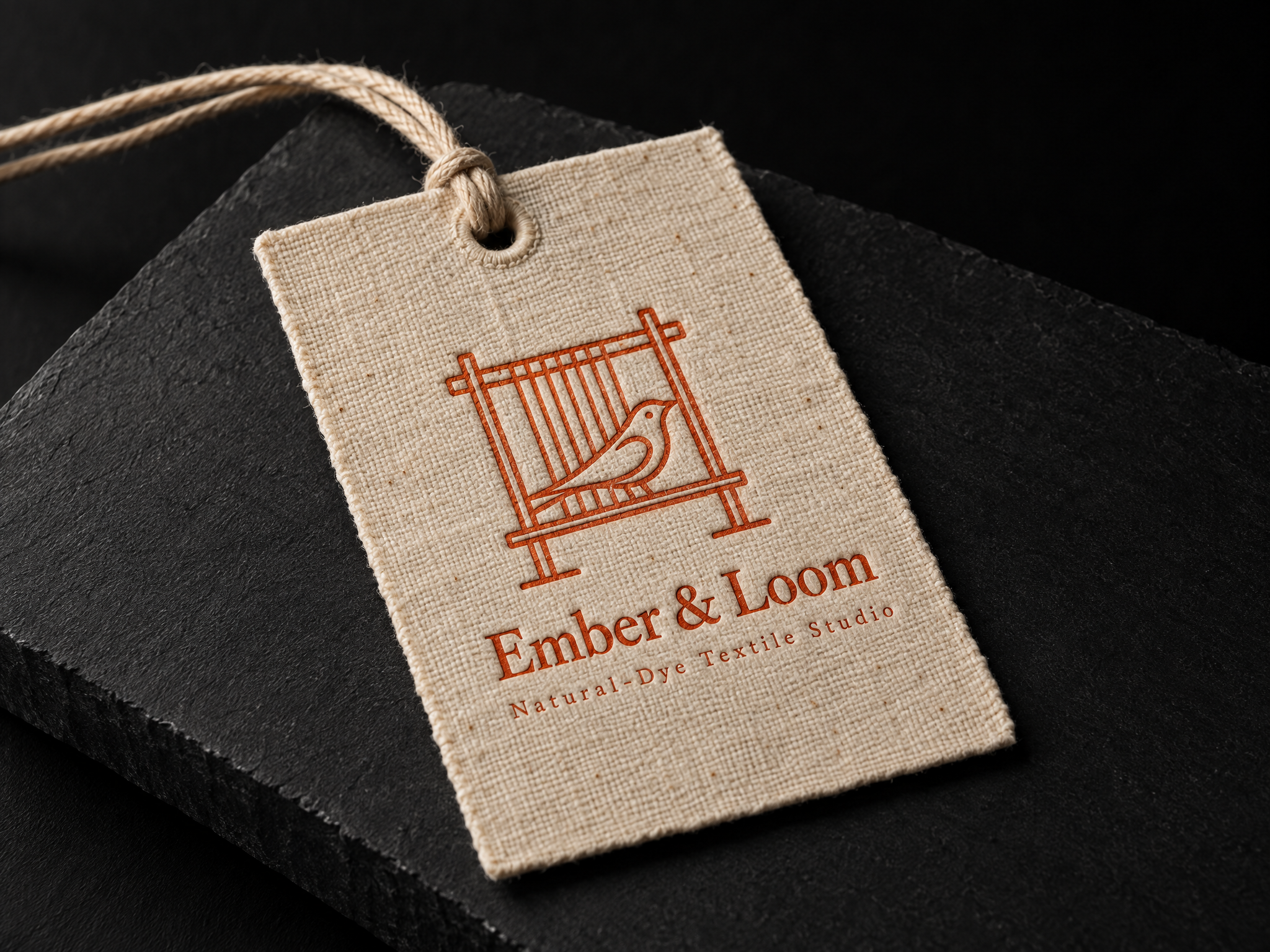 Ember and Loom natural-dye textile identity, designed by Print Peppermint, printed in rust red on a linen swing tag