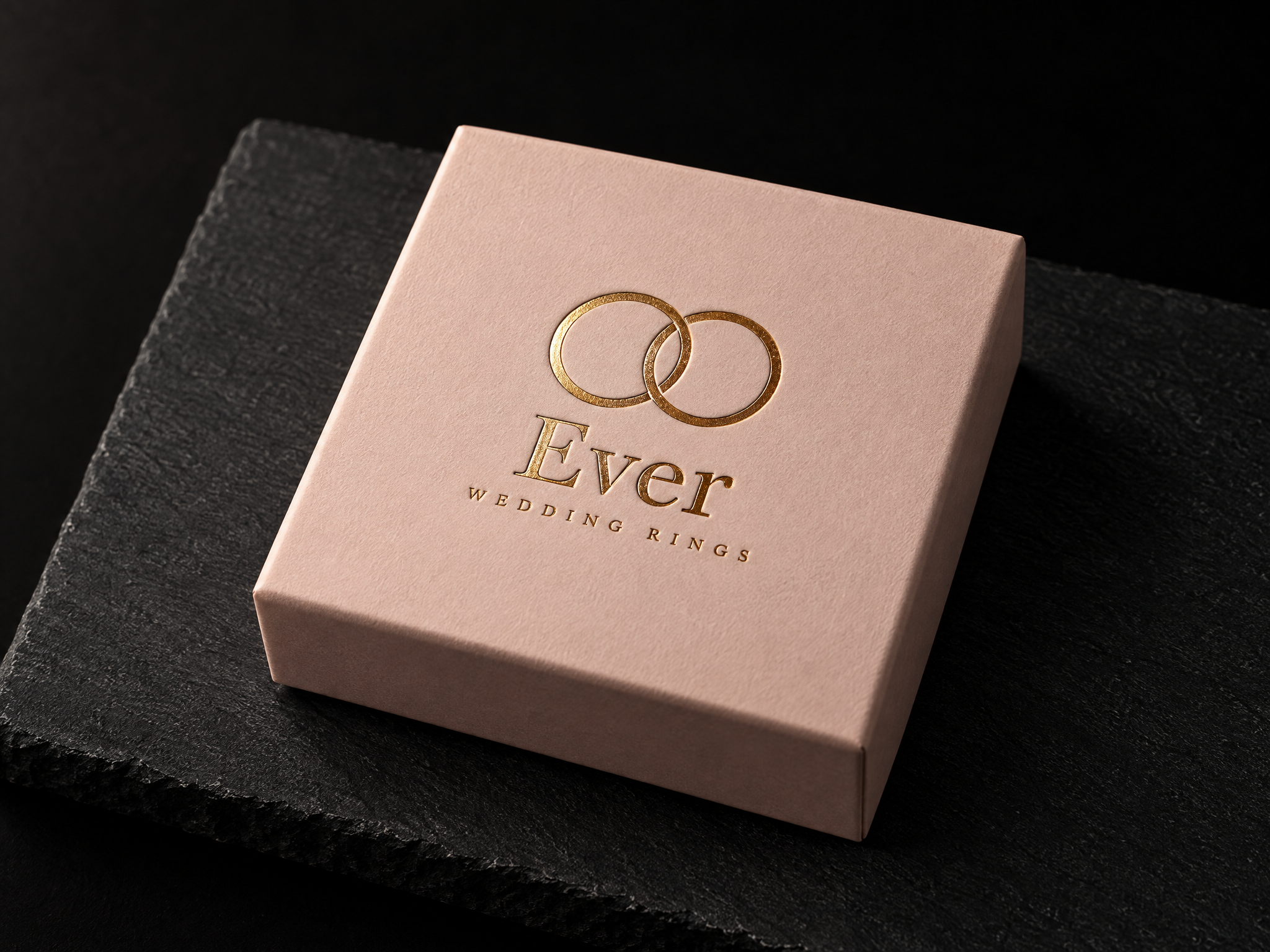 Ever wedding rings identity, designed by Print Peppermint, gold-foiled on a blush jewellery box