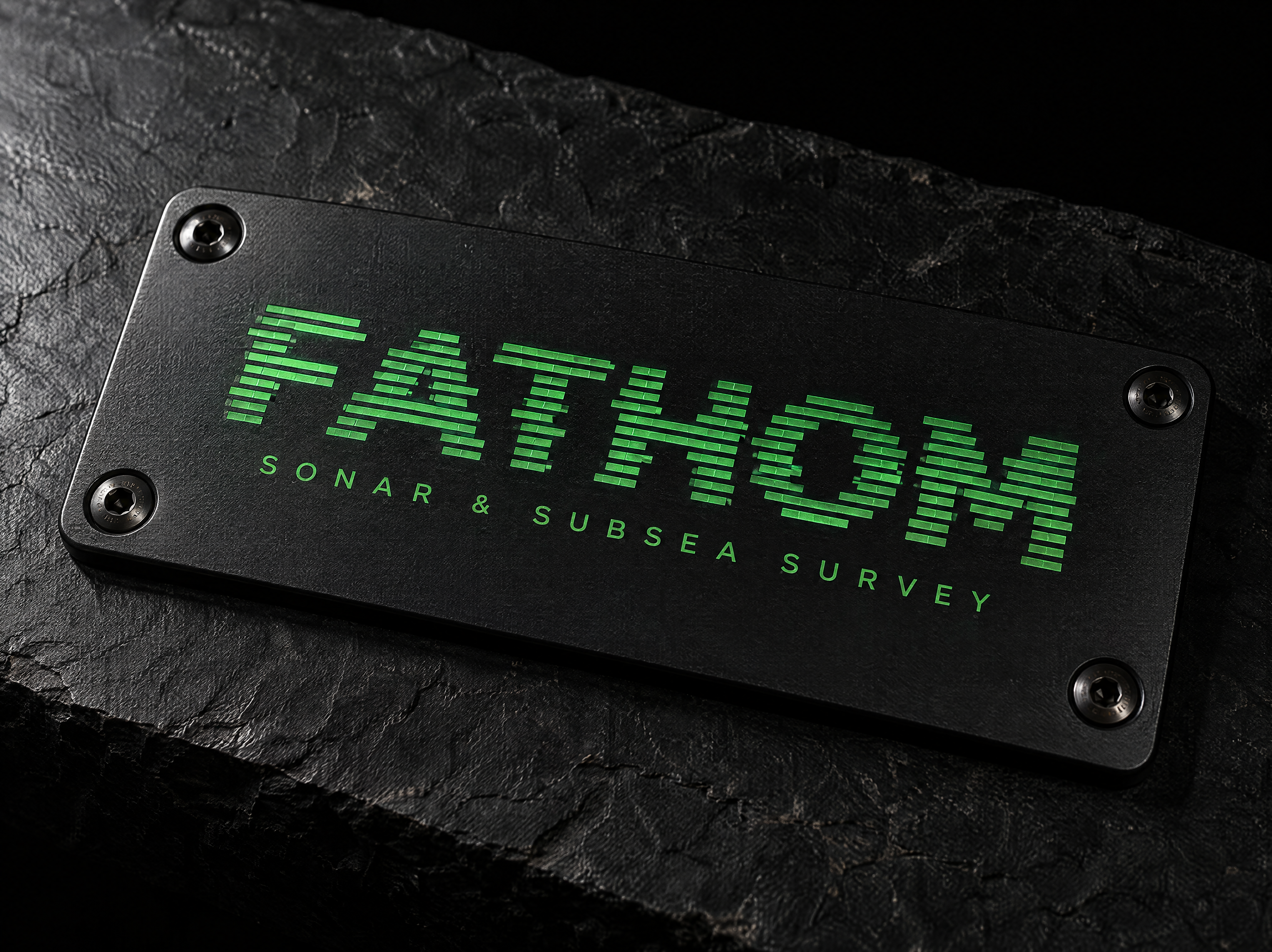 Fathom logo and brand identity for a subsea survey company, designed by Print Peppermint, shown as a signal-green laser-marked fill on the plate
