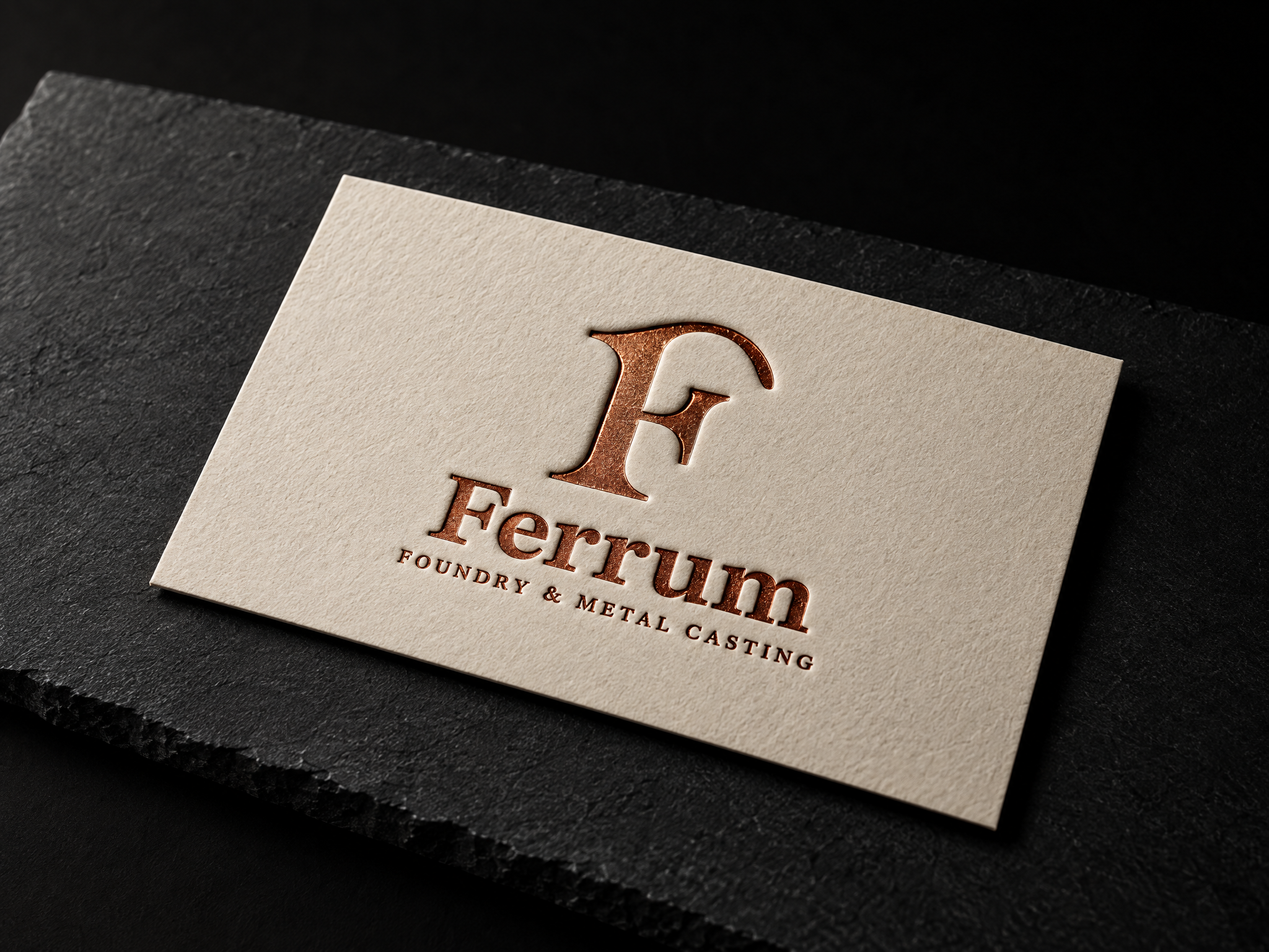 Ferrum foundry and metal casting identity, designed by Print Peppermint, copper-foiled on warm white paper