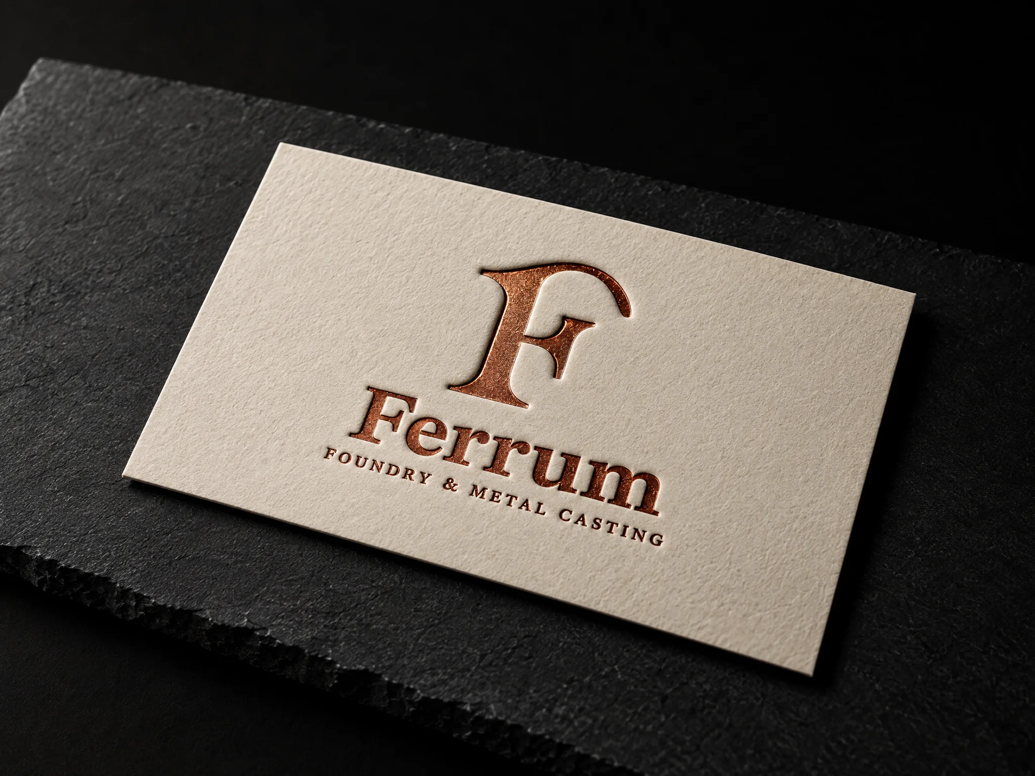 Ferrum foundry and metal casting identity, designed by Print Peppermint, copper-foiled on warm white paper
