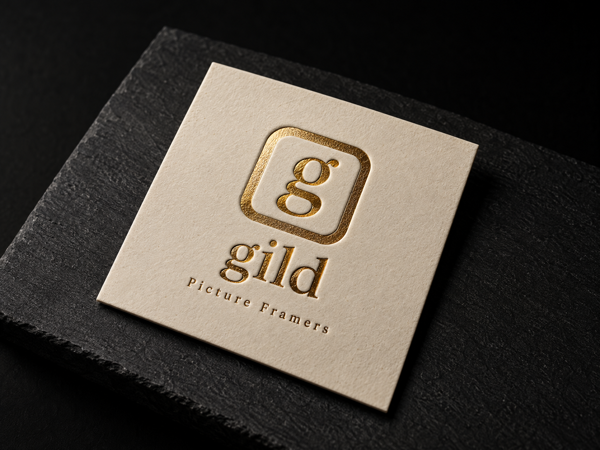 gild picture framers identity, designed by Print Peppermint, gold-foiled on warm white paper