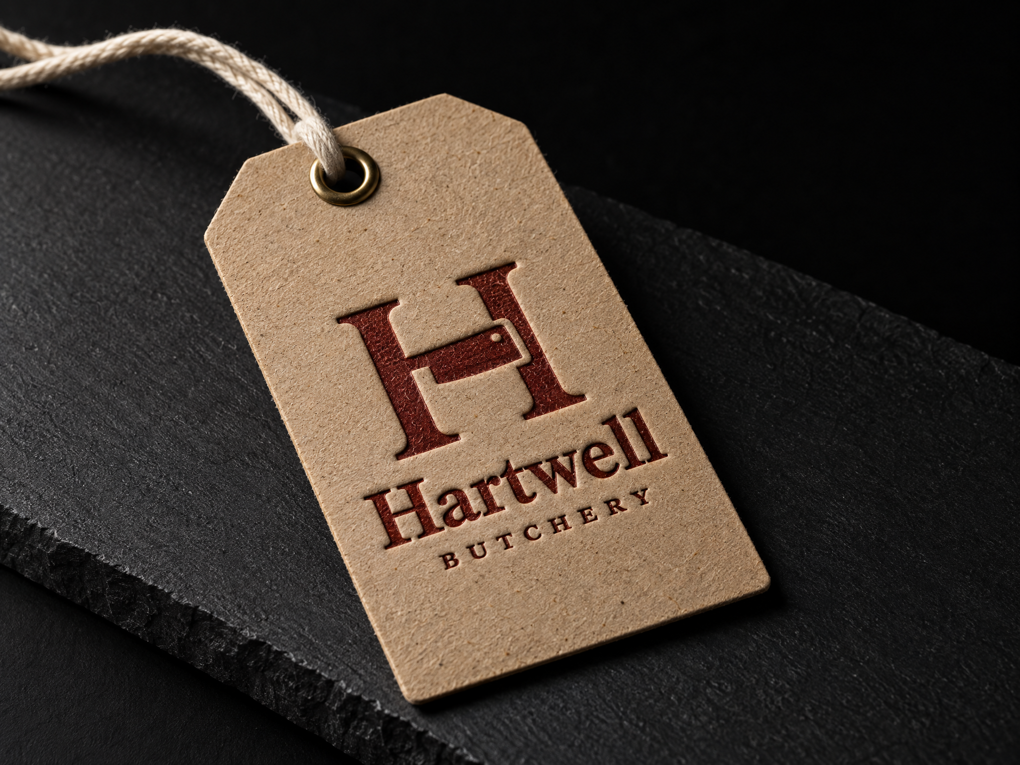 Hartwell butchery identity, designed by Print Peppermint, printed in dark red on a kraft butcher-paper swing tag