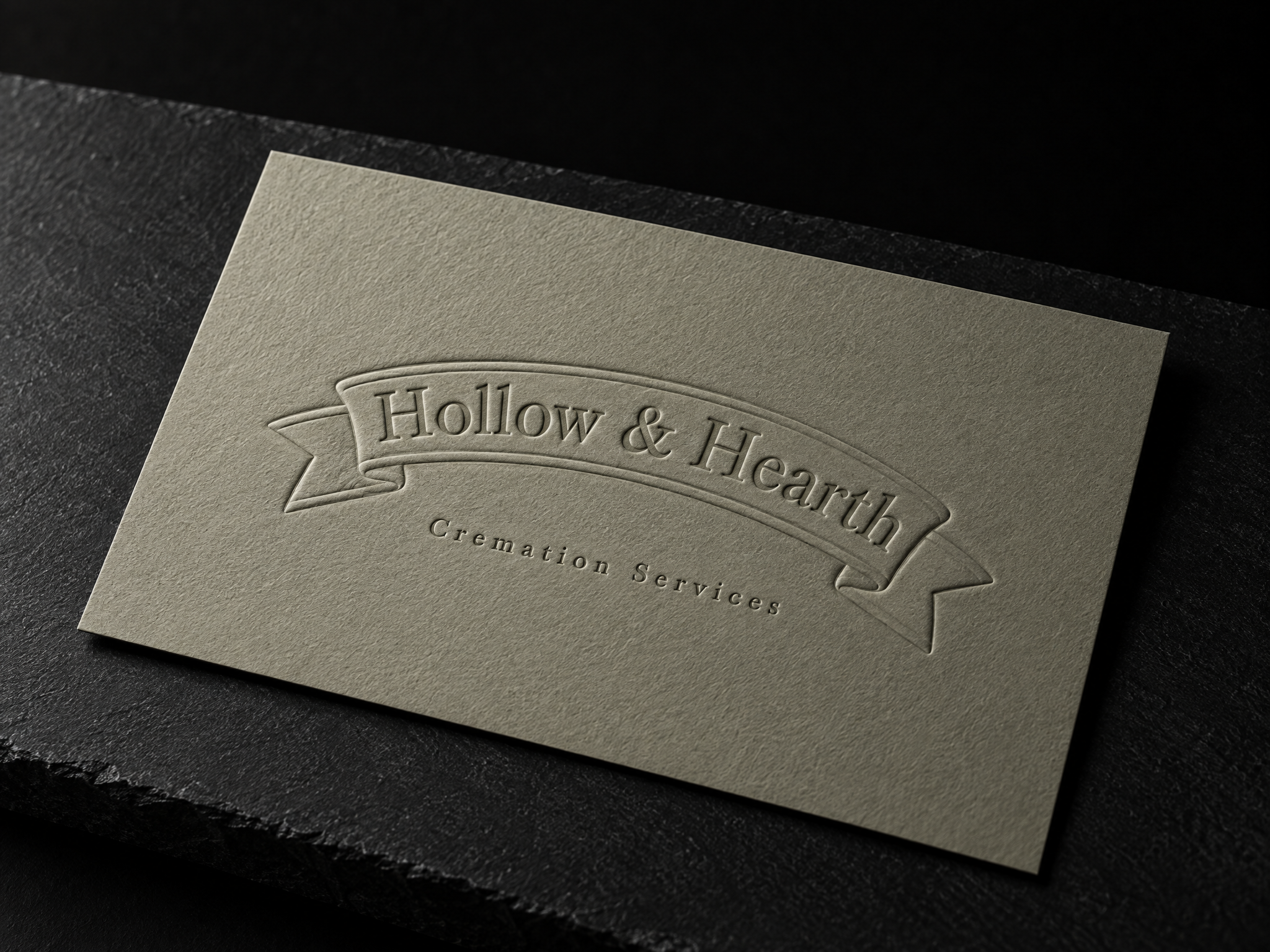 Hollow and Hearth cremation identity, designed by Print Peppermint, blind-debossed on warm grey cotton paper