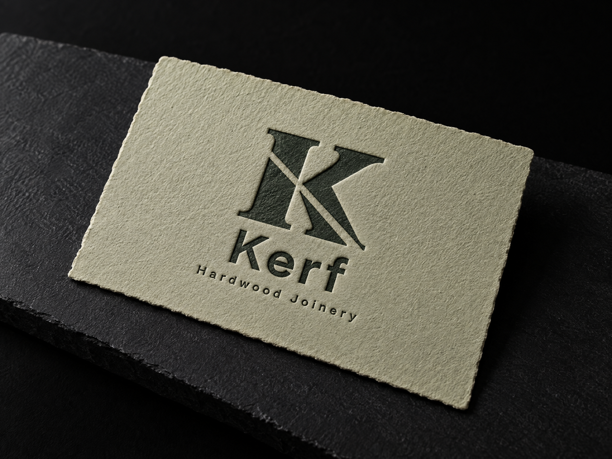 Kerf hardwood joinery identity, designed by Print Peppermint, printed on a grey-green workshop card