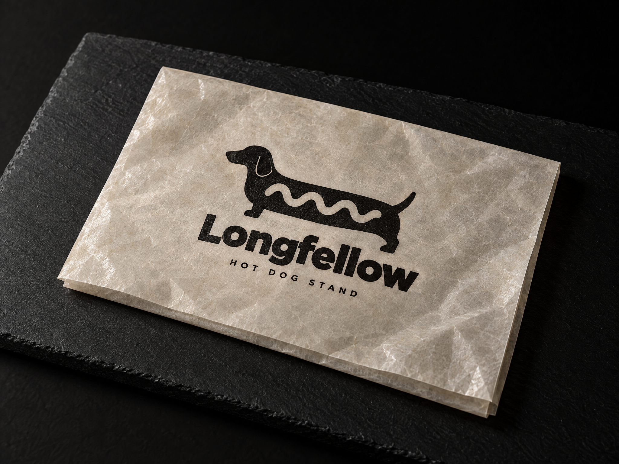 Longfellow hot dog stand identity, designed by Print Peppermint, printed on a waxed food wrapper