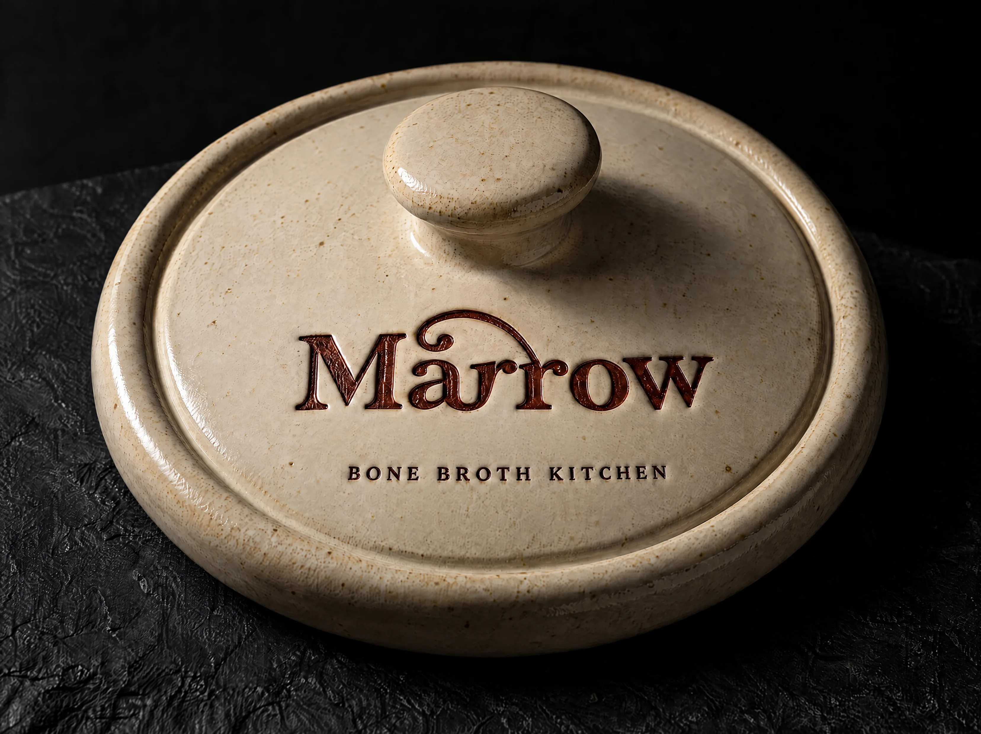 Marrow logo and brand identity for a bone broth and stock kitchen, designed by Print Peppermint, shown as a debossed oxblood glaze stamp in the ceramic
