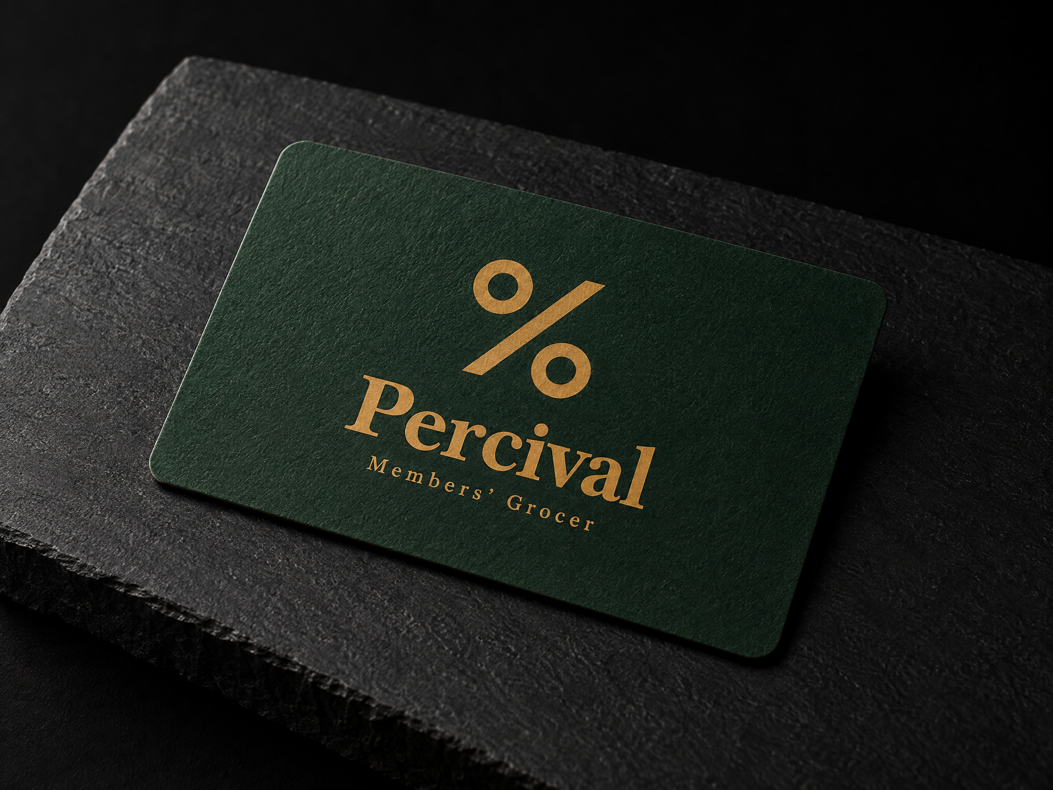 Percival members grocer identity, designed by Print Peppermint, gold-foiled on a dark green membership card