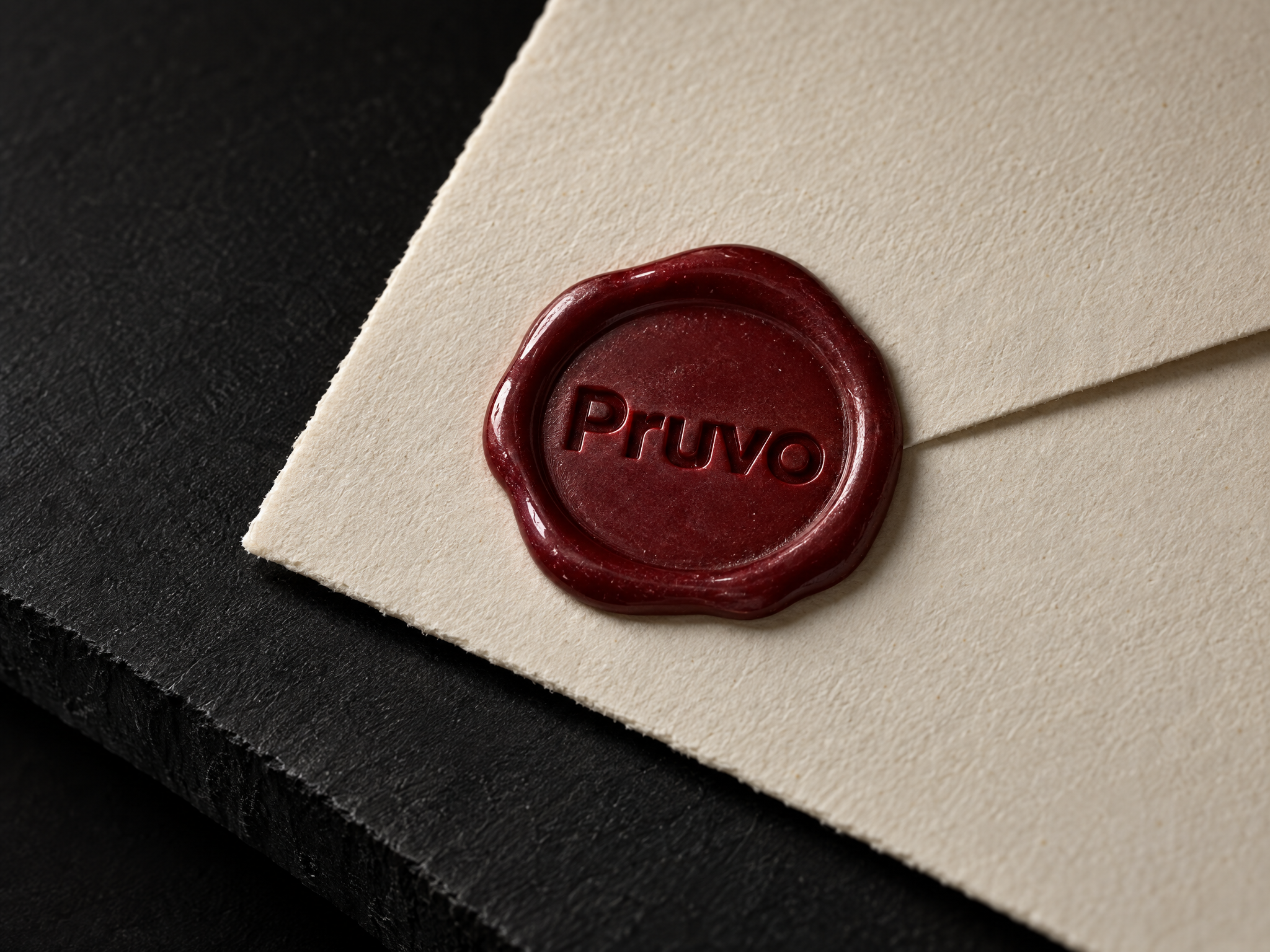 Pruvo notary public identity, designed by Print Peppermint, pressed into a burgundy wax seal on a legal envelope