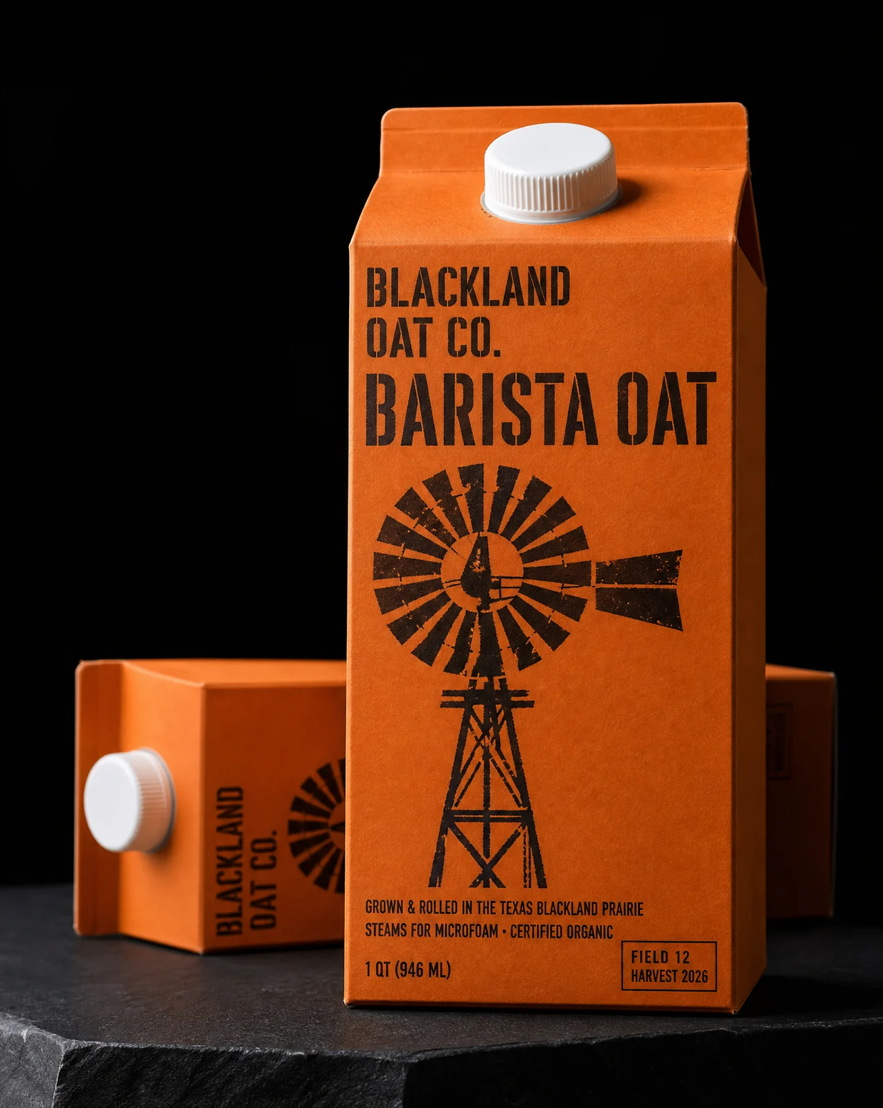 Blackland Oat Co. illustrated carton front, studio-designed concept