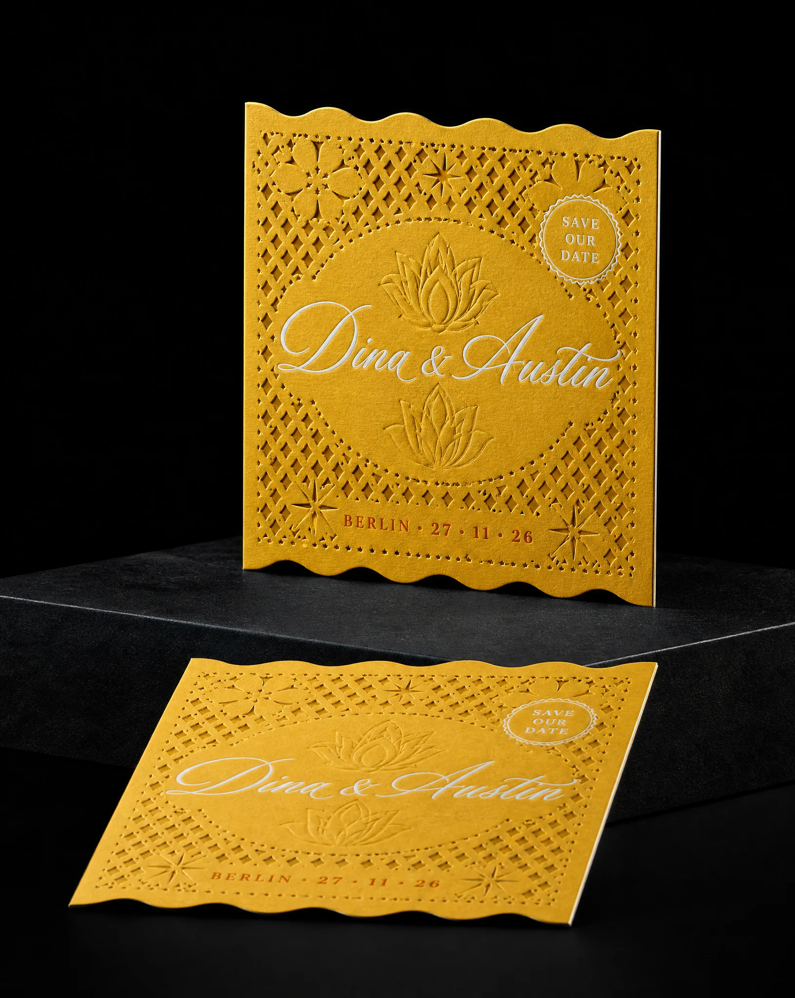 Dina & Austin die-cut invitation with metallic-looking print detail, studio concept