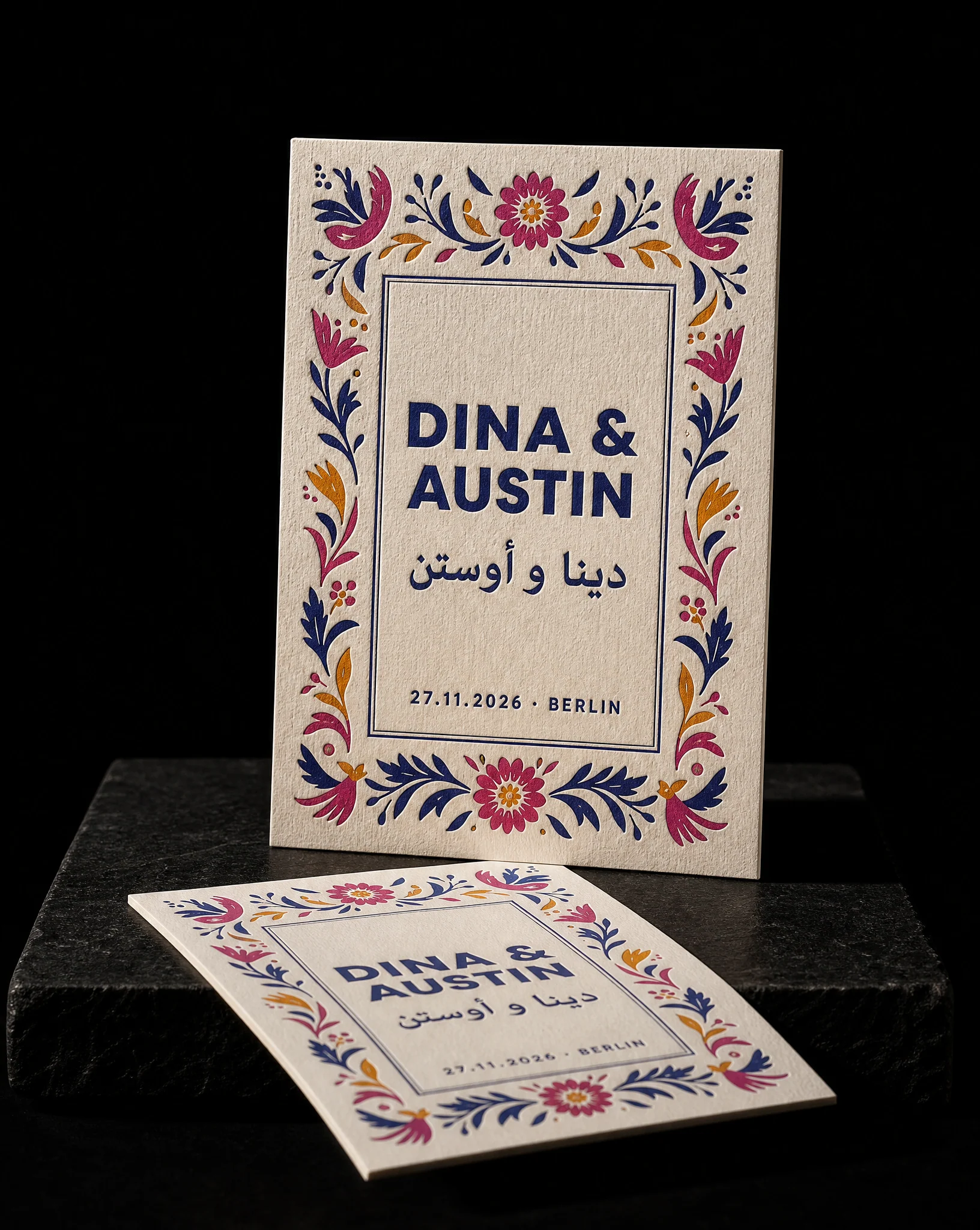 Dina & Austin printed invitation and companion card, studio concept