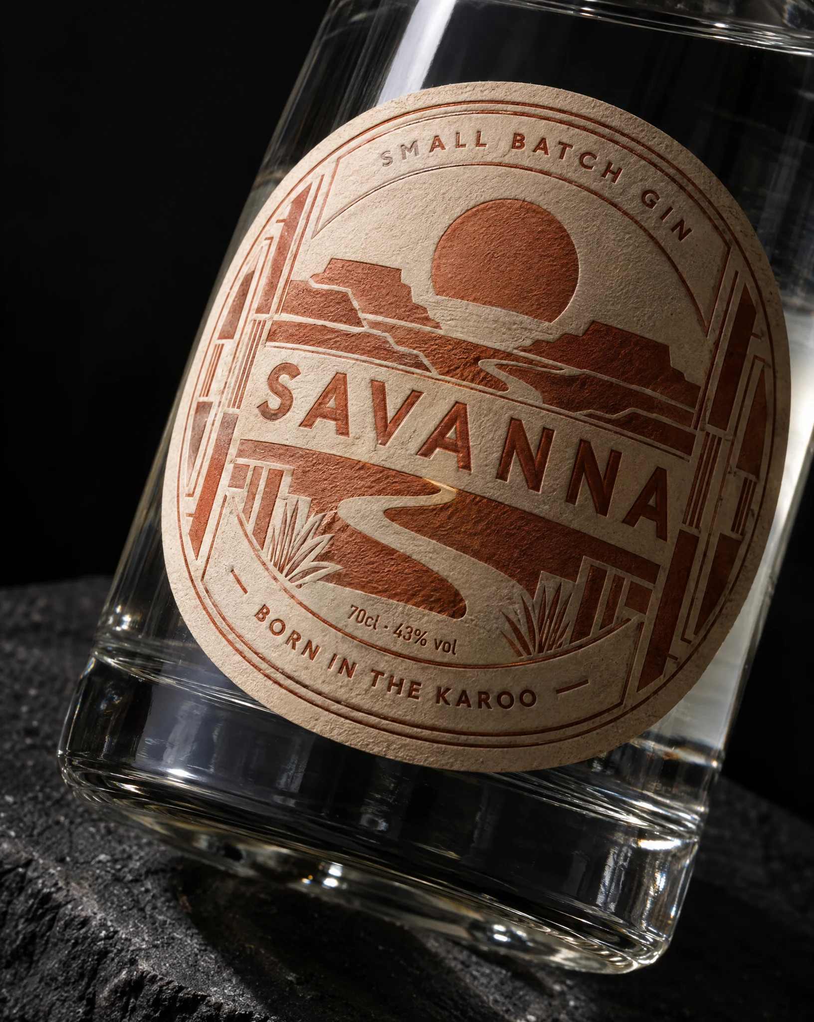 Savanna Gin round kraft label with terracotta letterpress