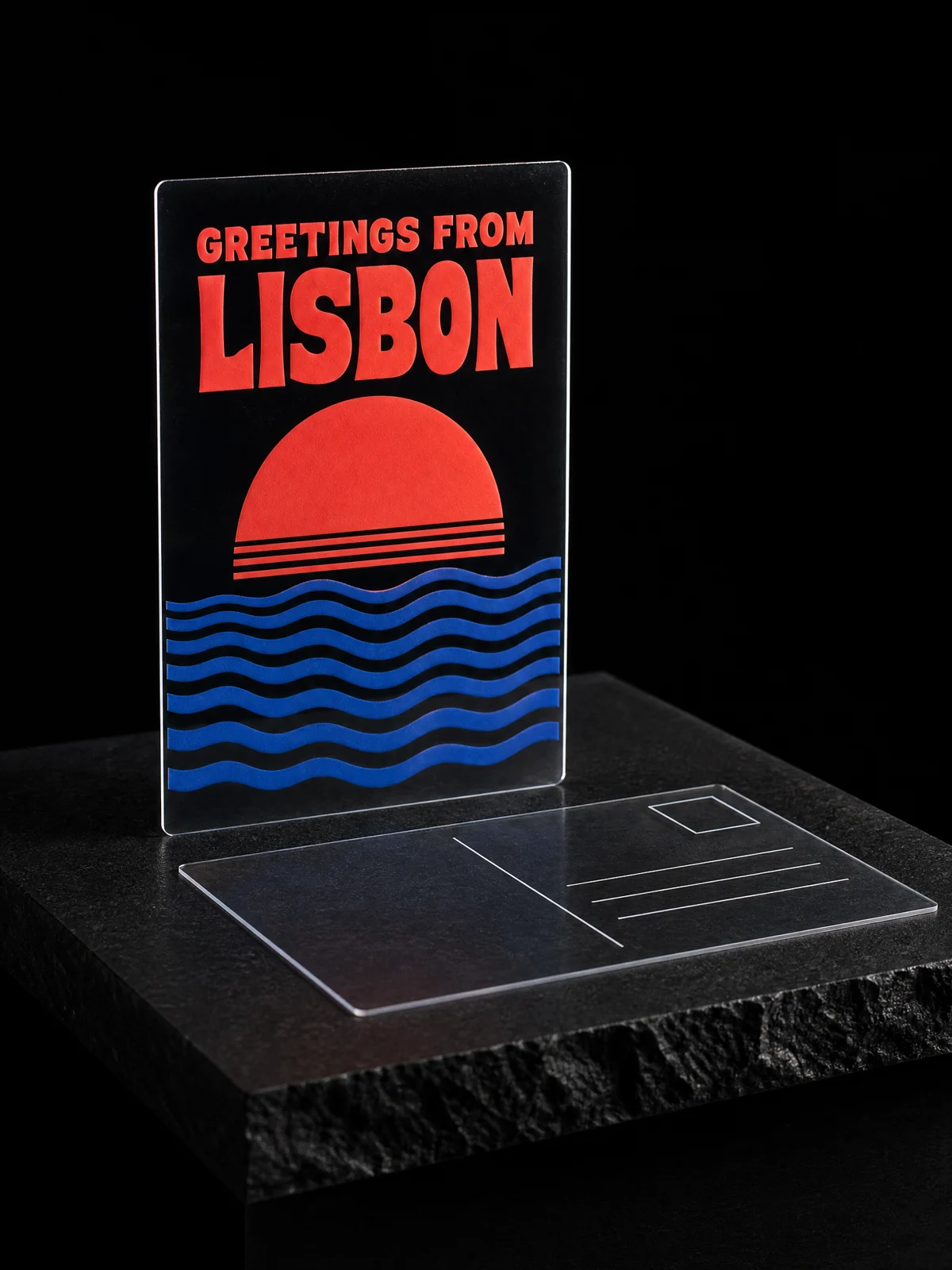 Clear PVC postcard printed in two Pantone spot colours with a retro sunset design