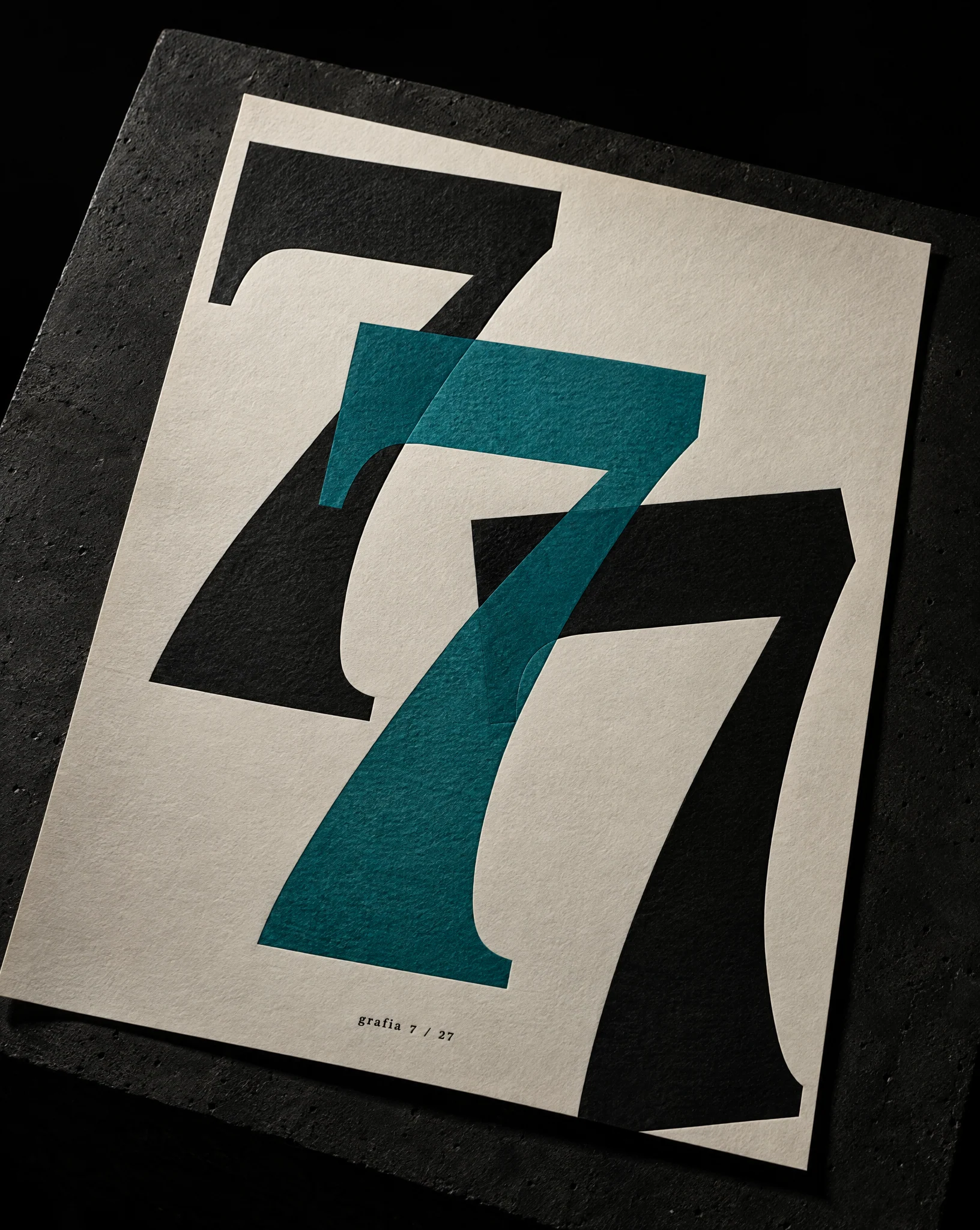 Overlapping numeral poster in teal and black letterpress, print portfolio