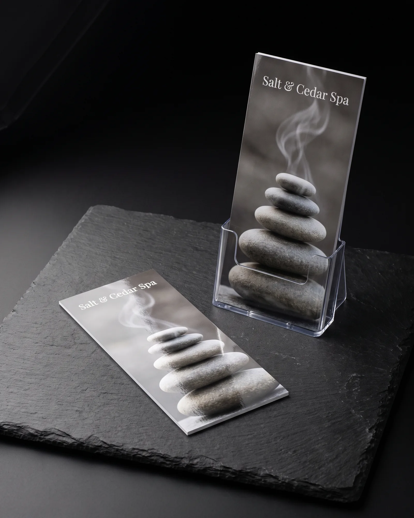 Two 3.5x8.5 high-gloss rack cards for Salt & Cedar Spa with a stacked-stones photo, one in a clear acrylic holder and one flat on black slate