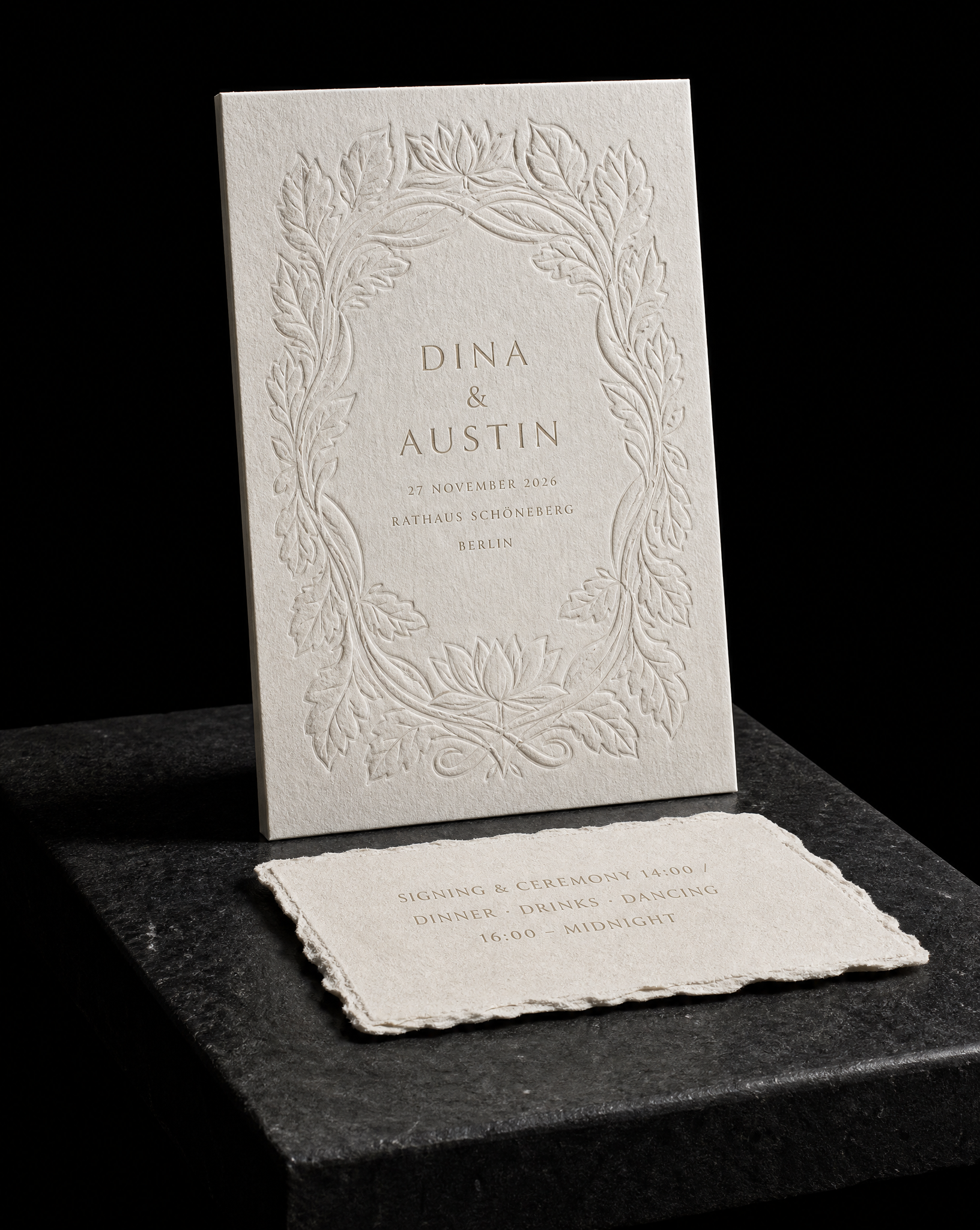 Dina & Austin wedding invitation concept (run 2, quiet), Berlin 2026 — designed and produced by Print Peppermint